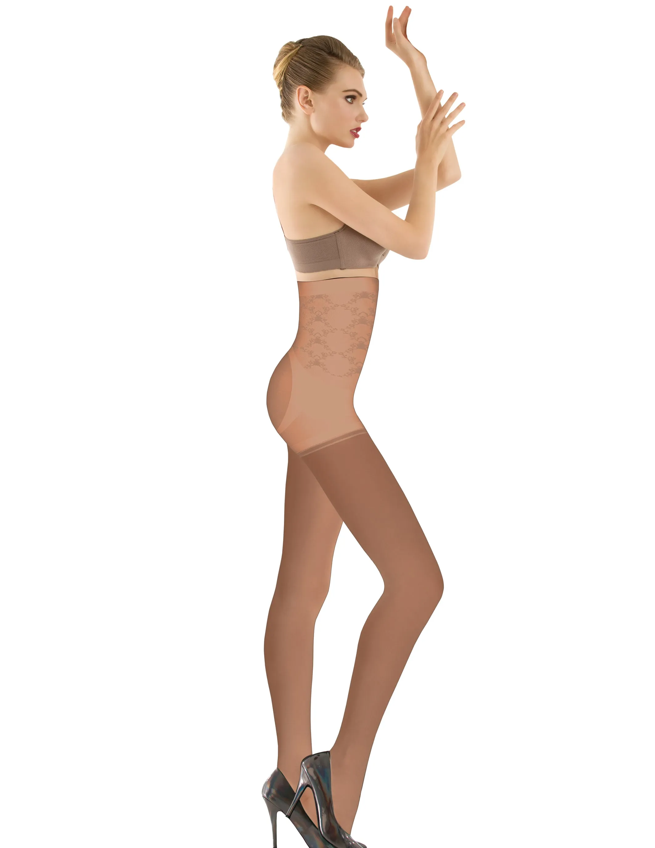 1T1824 High Waisted Tummy Taming Tights with Sheer Finish and Targeted Compression