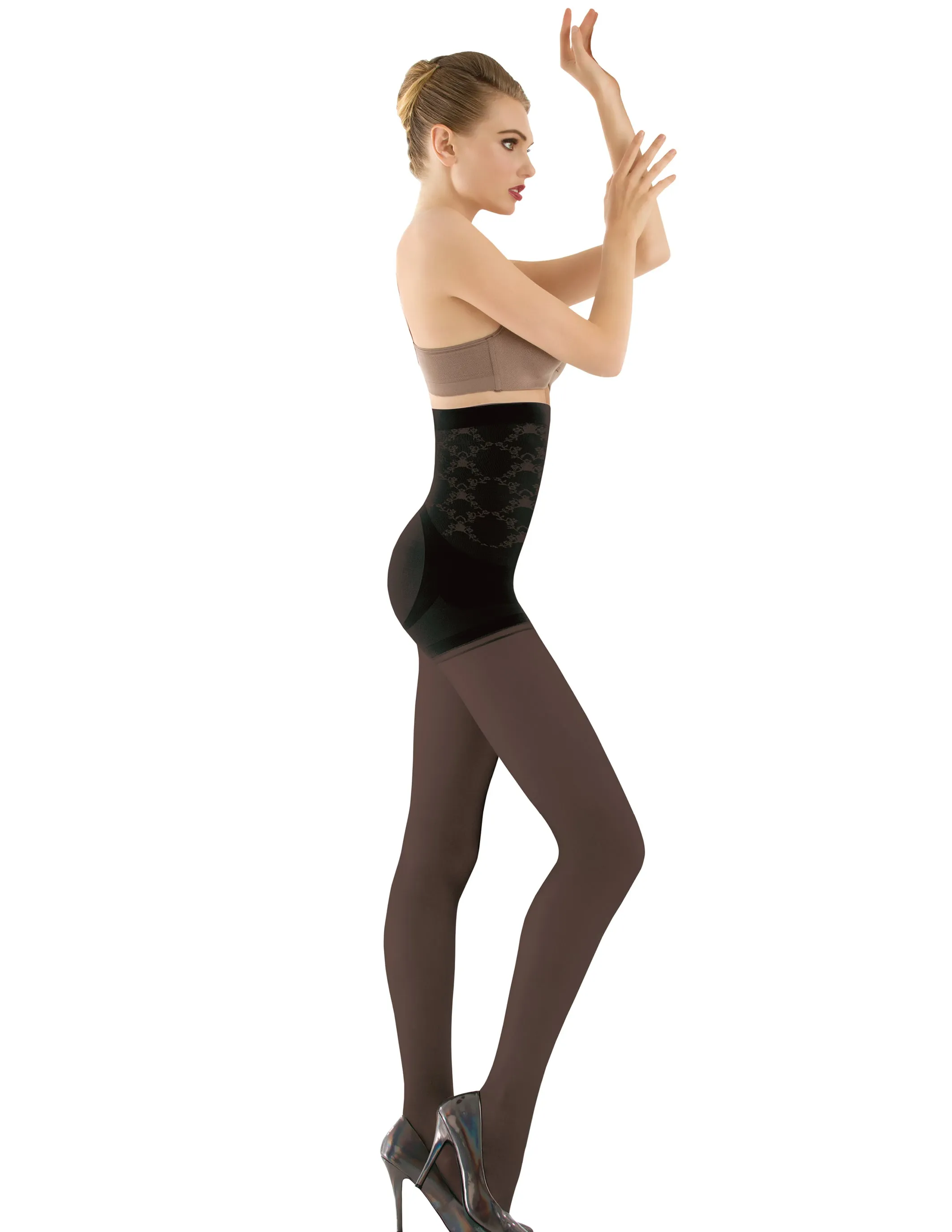 1T1824 High Waisted Tummy Taming Tights with Sheer Finish and Targeted Compression