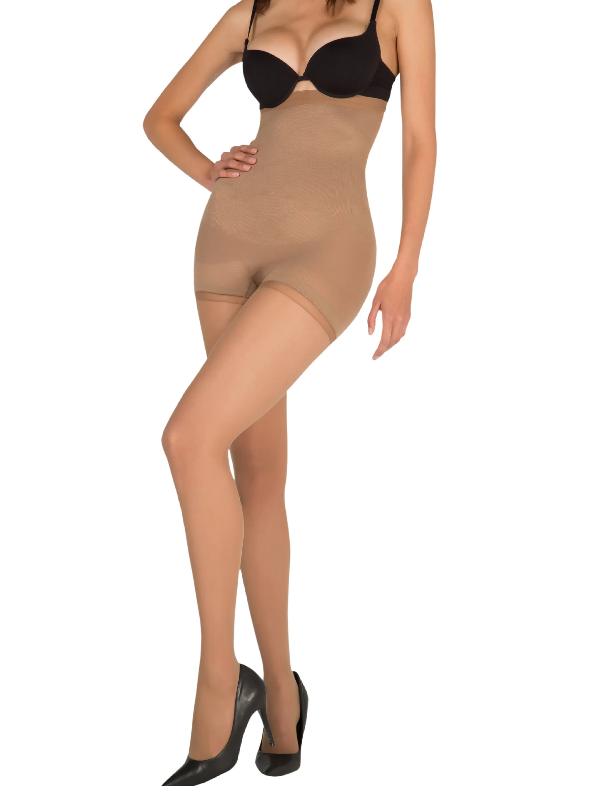 1T1824 High Waisted Tummy Taming Tights with Sheer Finish and Targeted Compression