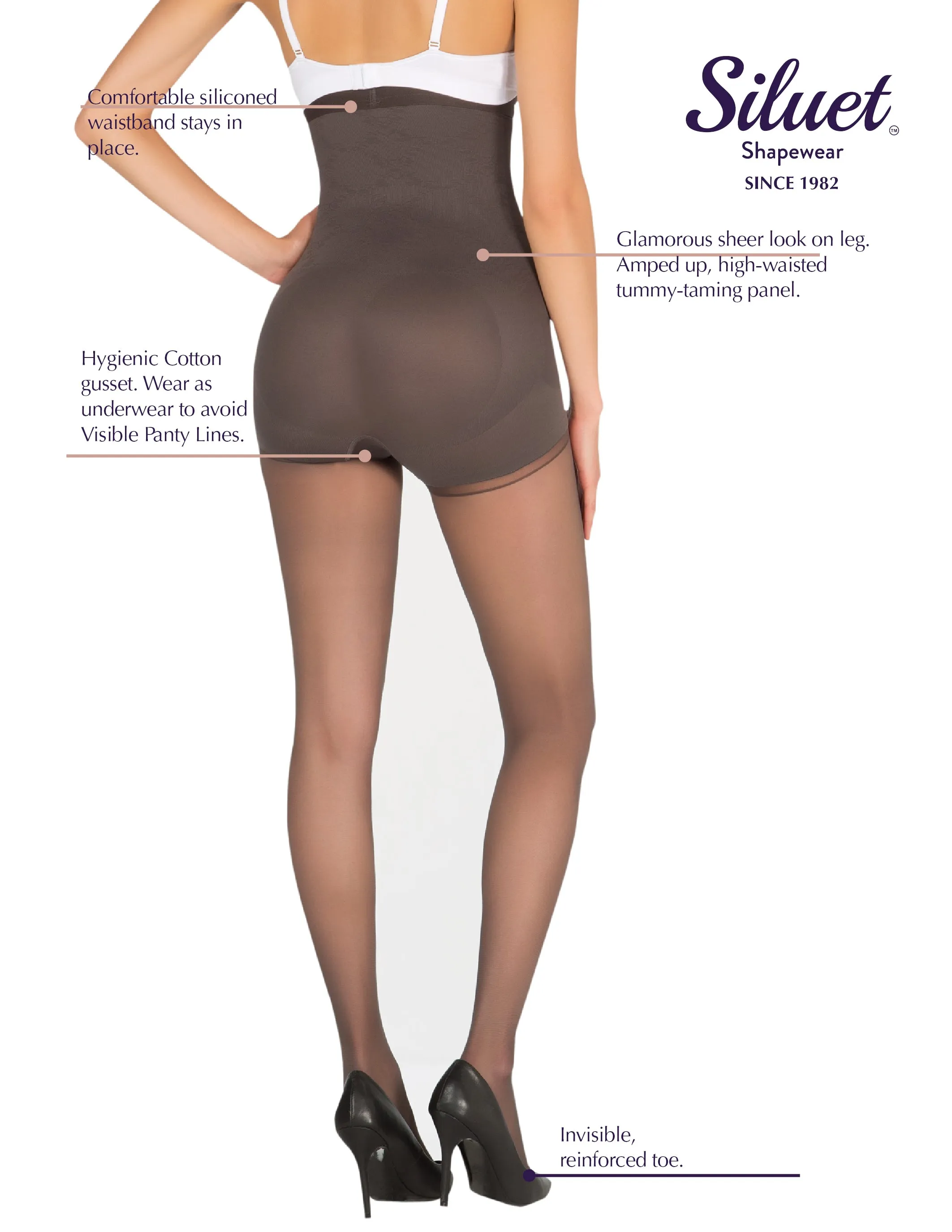 1T1824 High Waisted Tummy Taming Tights with Sheer Finish and Targeted Compression