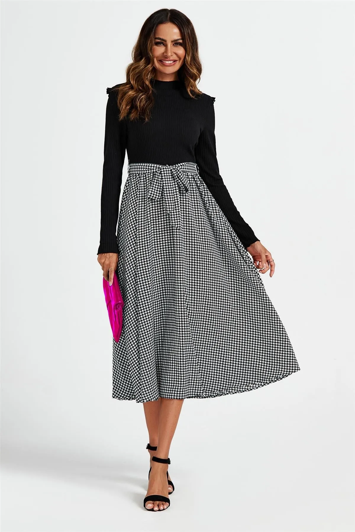 2 In 1 Black & White Houndstooth Printed Midi Dress