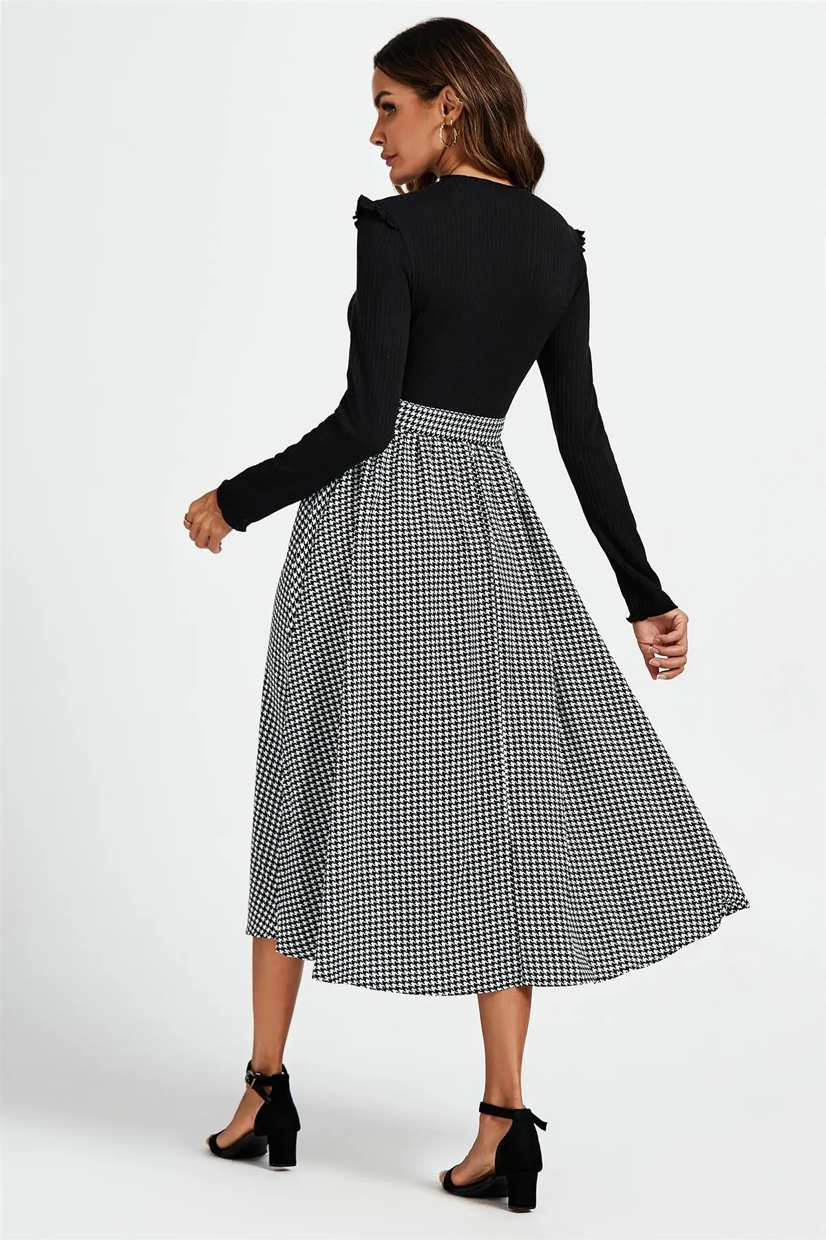 2 In 1 Black & White Houndstooth Printed Midi Dress