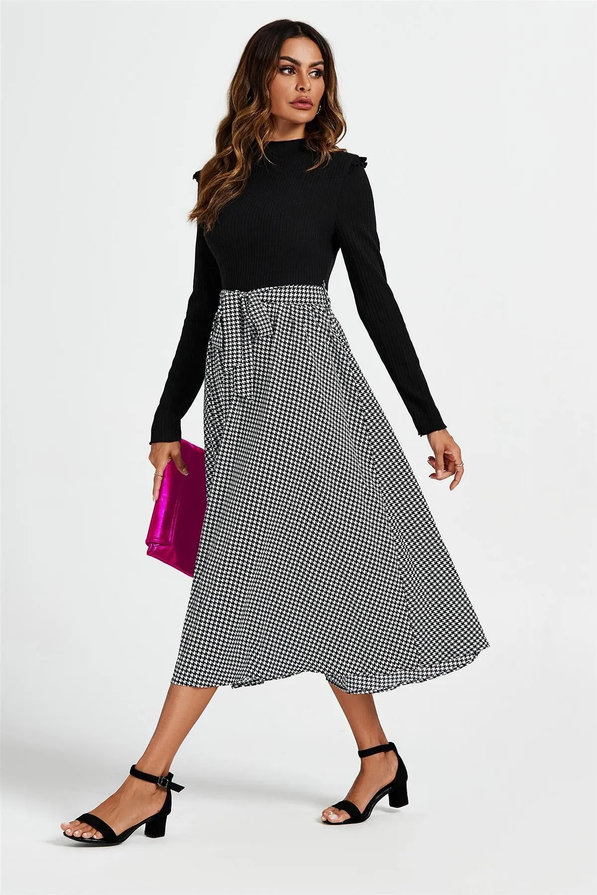 2 In 1 Black & White Houndstooth Printed Midi Dress