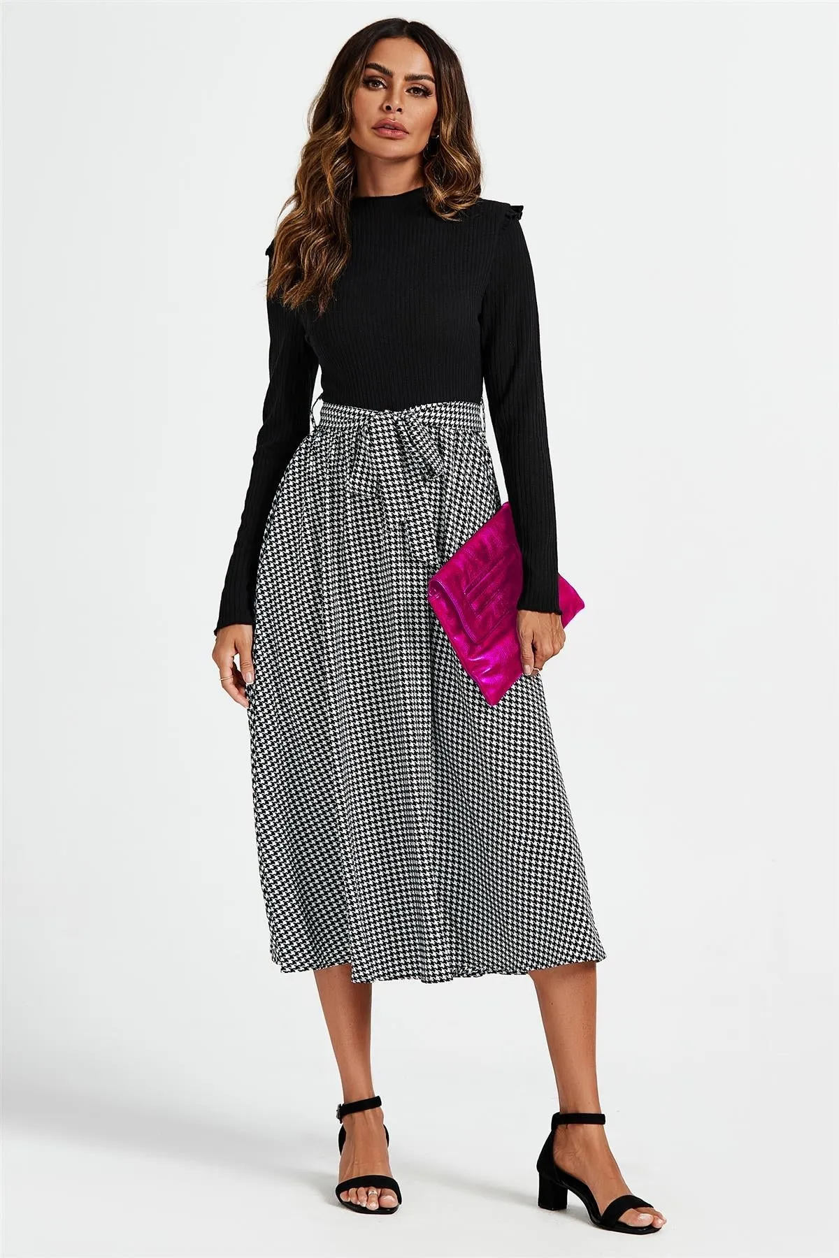 2 In 1 Black & White Houndstooth Printed Midi Dress