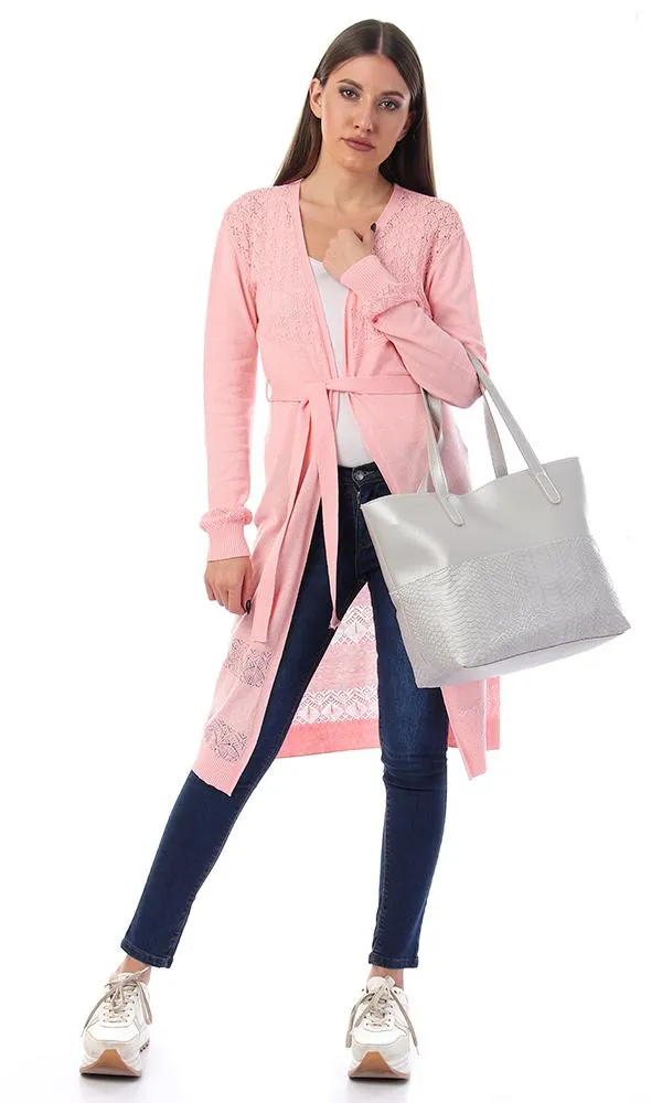 57731 Perforated Open Neckline Light Pink Cardigan