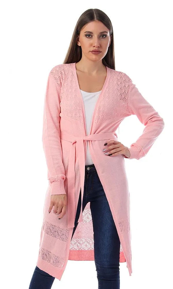 57731 Perforated Open Neckline Light Pink Cardigan