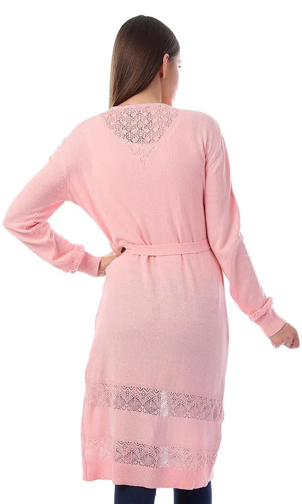 57731 Perforated Open Neckline Light Pink Cardigan