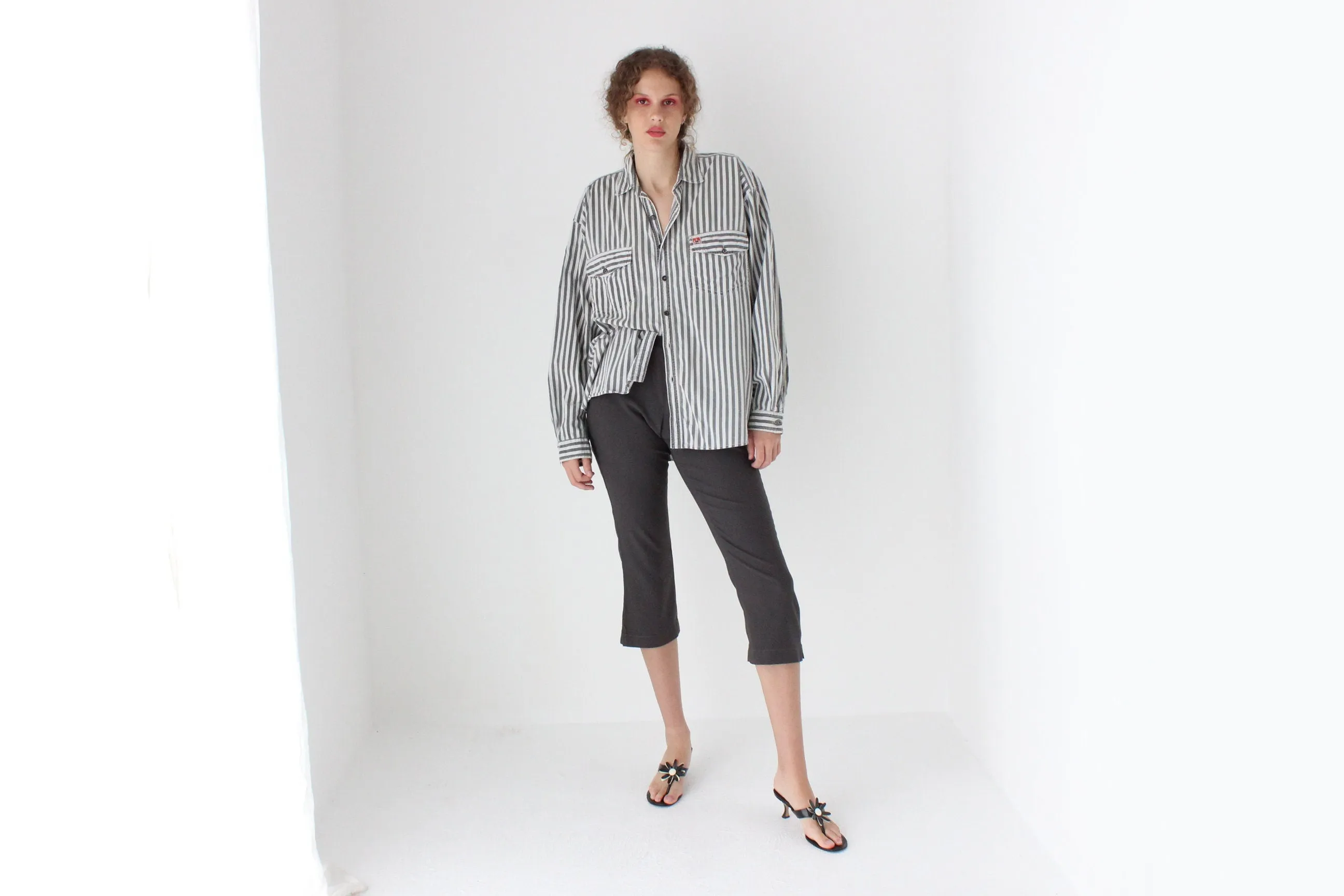 80s Striped Cotton 'Shirts at Work' Relaxed Button Up