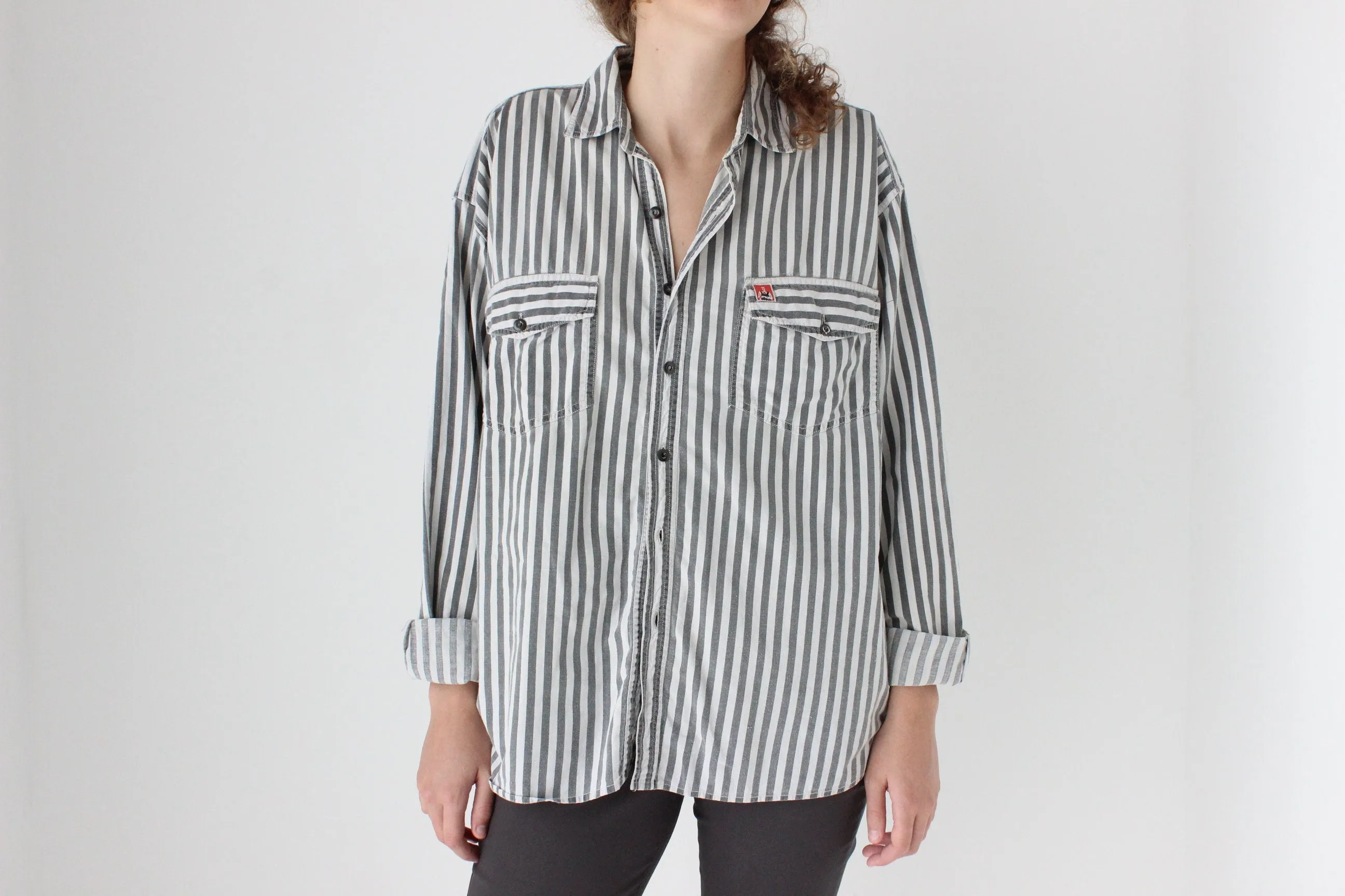 80s Striped Cotton 'Shirts at Work' Relaxed Button Up