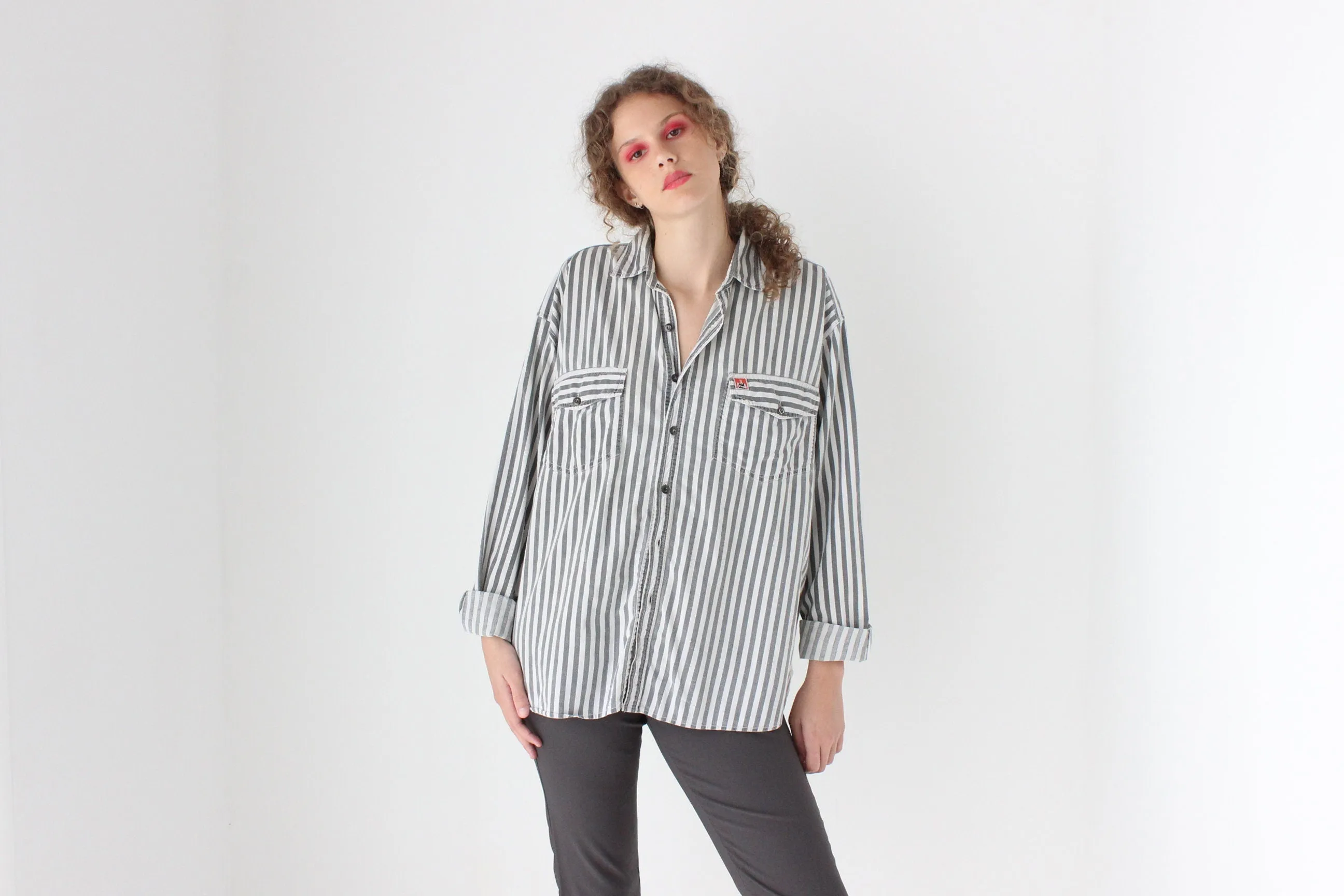 80s Striped Cotton 'Shirts at Work' Relaxed Button Up