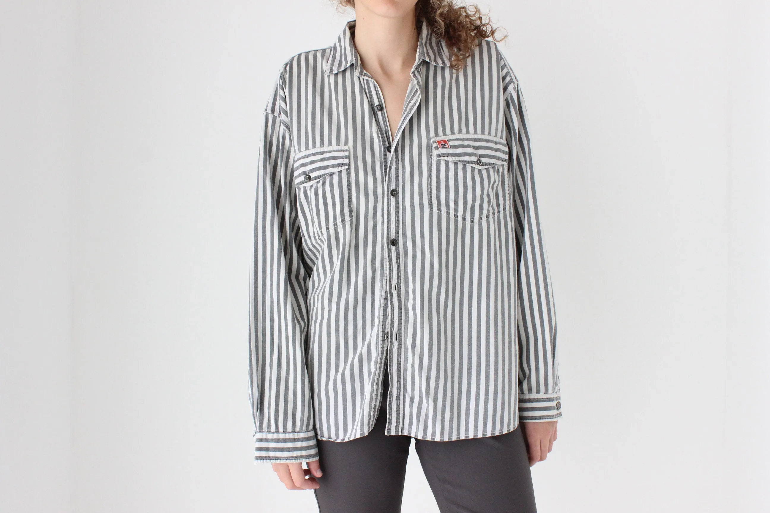 80s Striped Cotton 'Shirts at Work' Relaxed Button Up