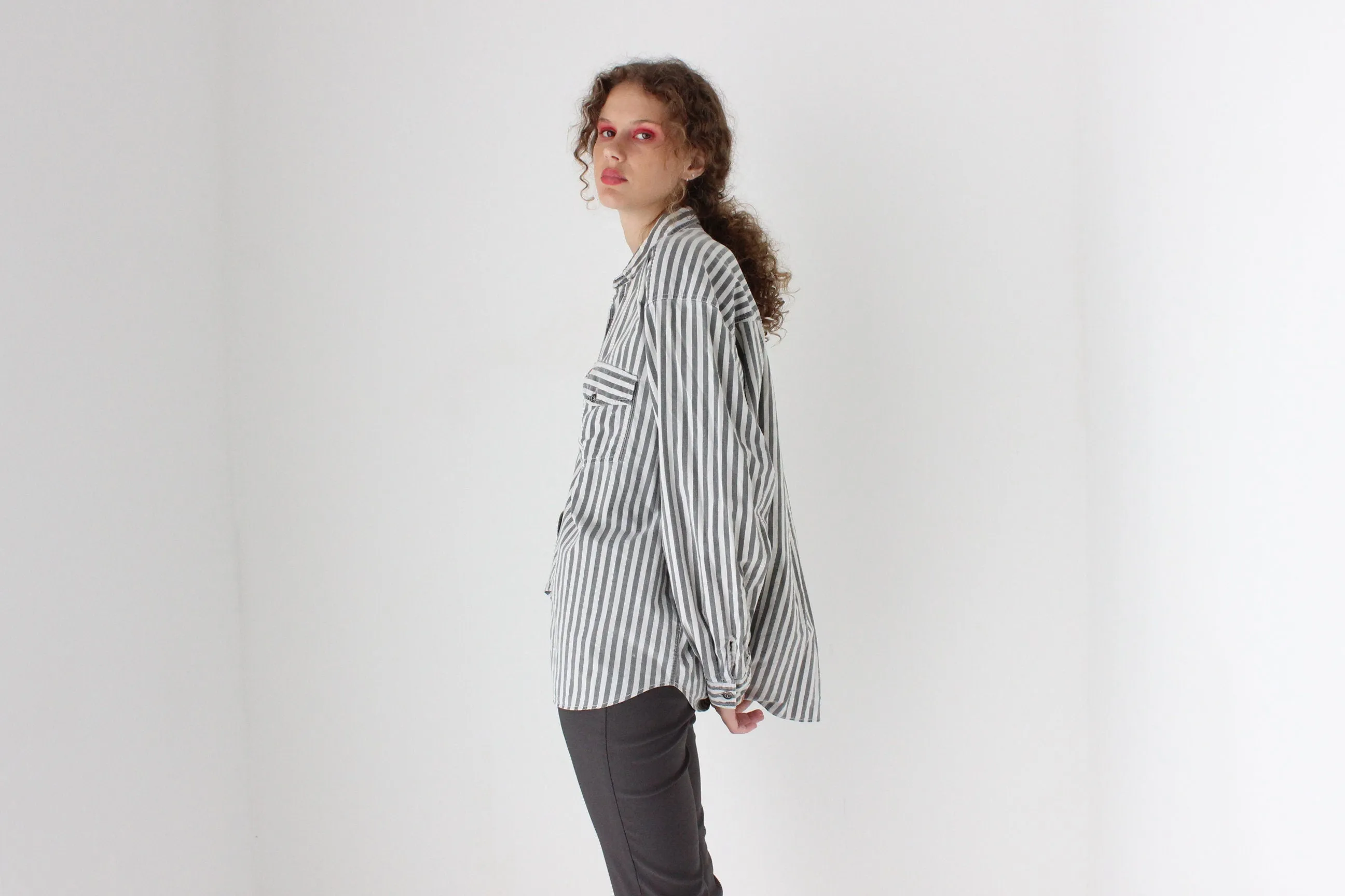 80s Striped Cotton 'Shirts at Work' Relaxed Button Up