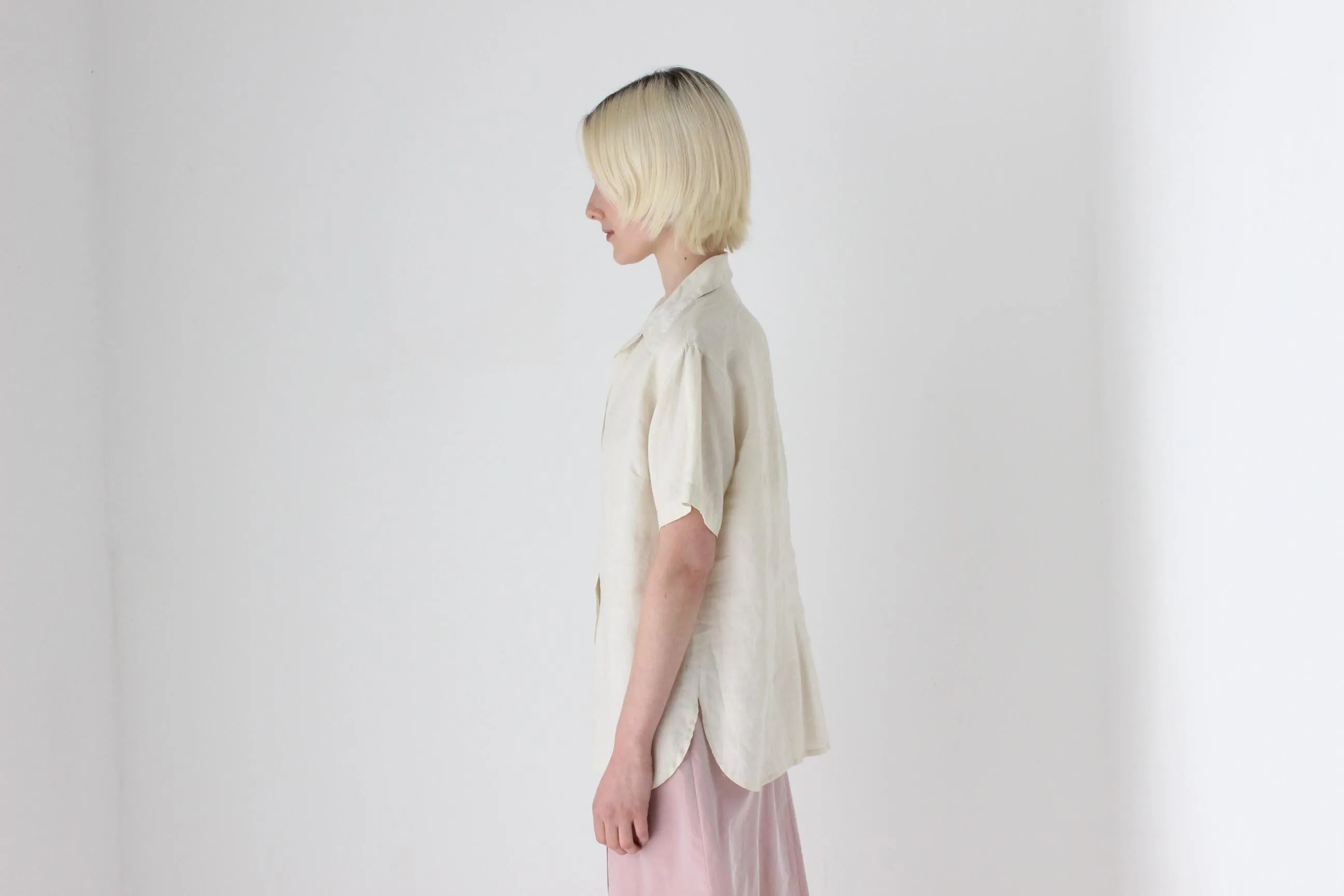 90s Neutral Linen Boxy Button Up Shirt