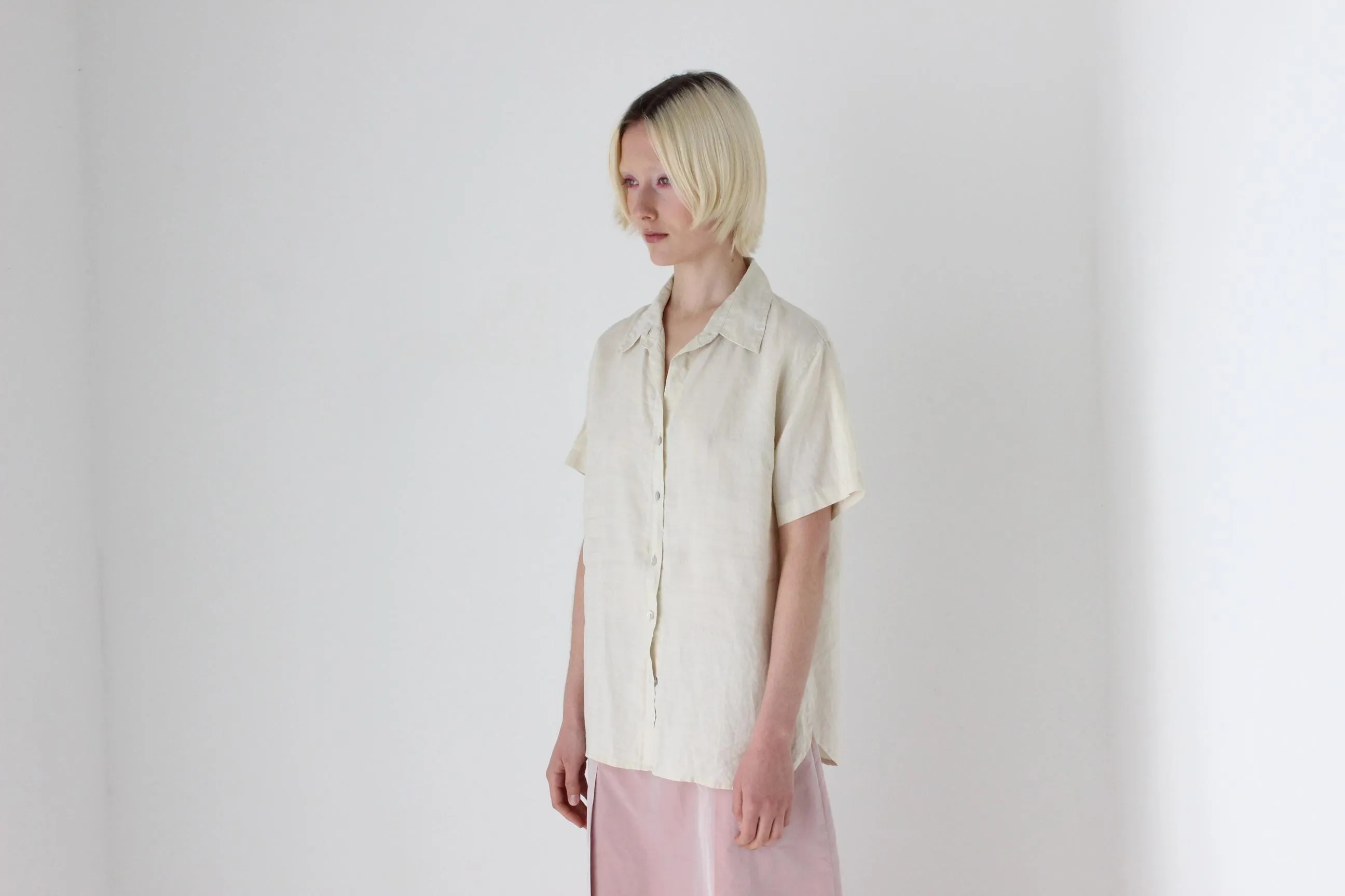 90s Neutral Linen Boxy Button Up Shirt