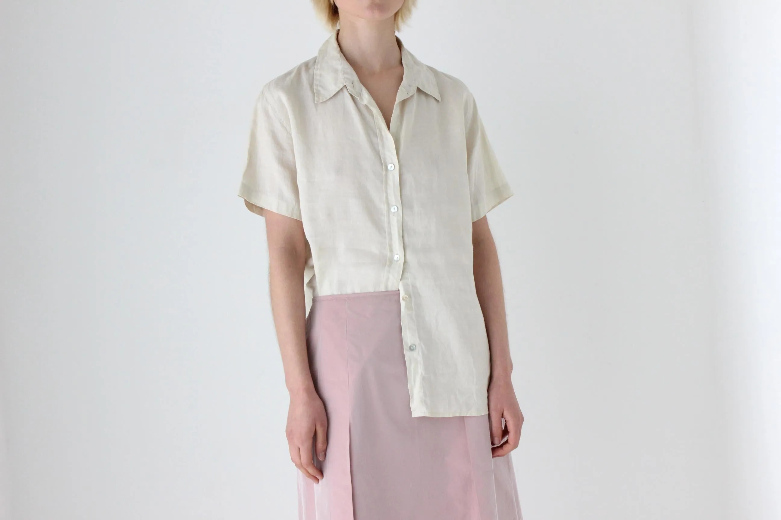 90s Neutral Linen Boxy Button Up Shirt