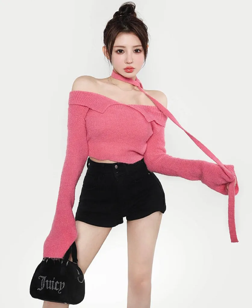 Ali Solid Color Ribbed Off The Shoulder Long Sleeve Cropped Top