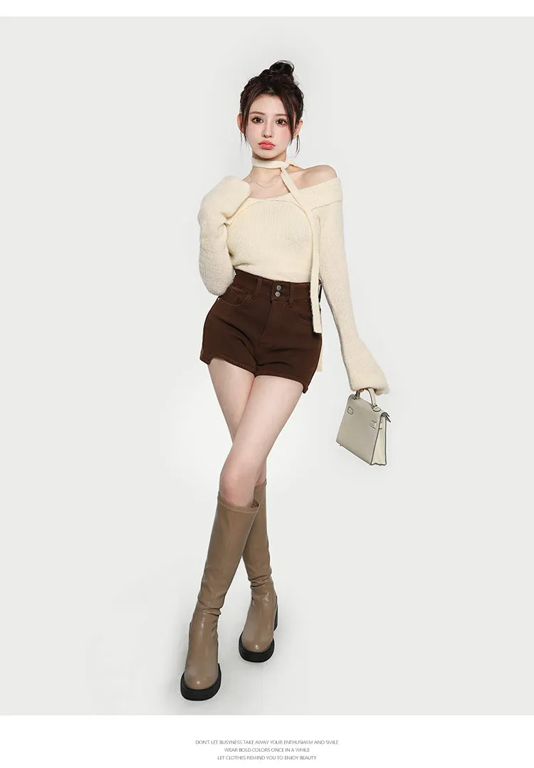 Ali Solid Color Ribbed Off The Shoulder Long Sleeve Cropped Top