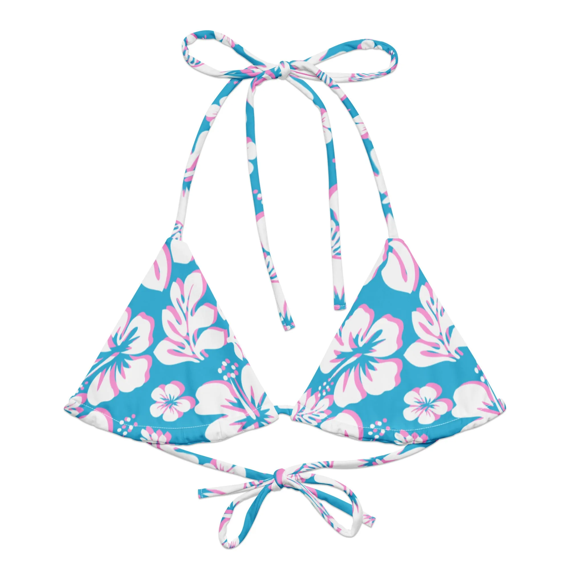 Aqua Blue, Pink and White Hawaiian Flowers String Bikini Top