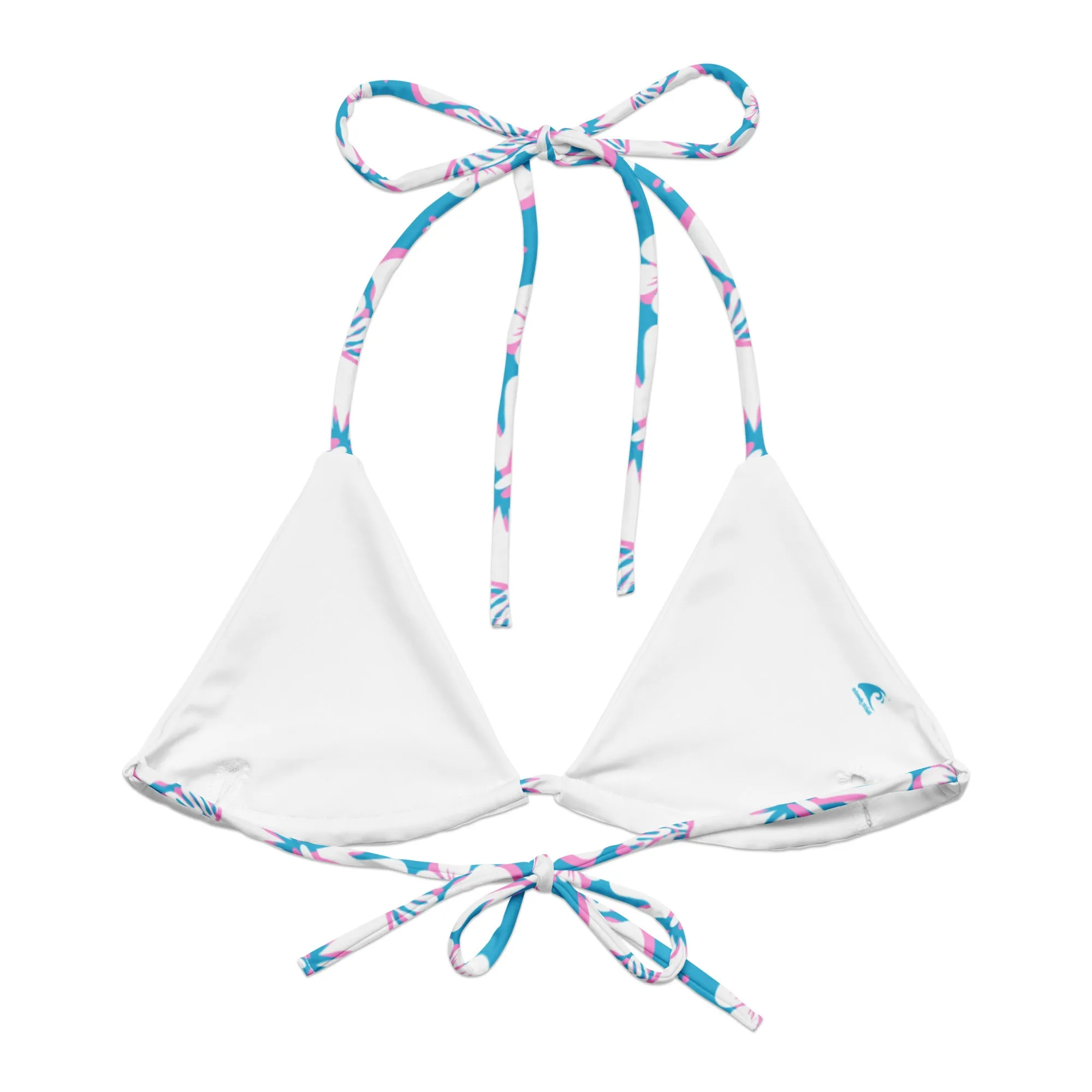 Aqua Blue, Pink and White Hawaiian Flowers String Bikini Top