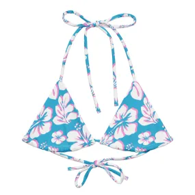 Aqua Blue, Pink and White Hawaiian Flowers String Bikini Top