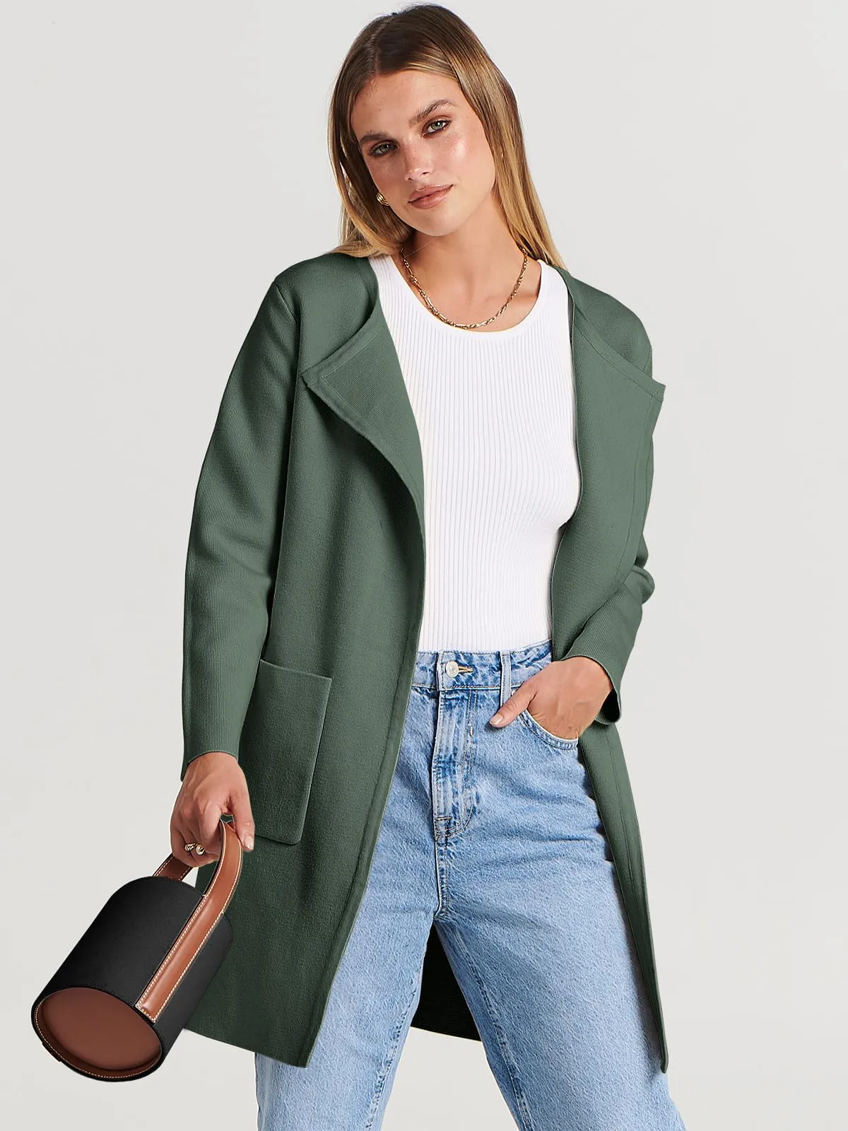 Army Green Women's Jacket Coat Open Front Knit Long Coatigan Sweater Fall Outerwear - Anrabess