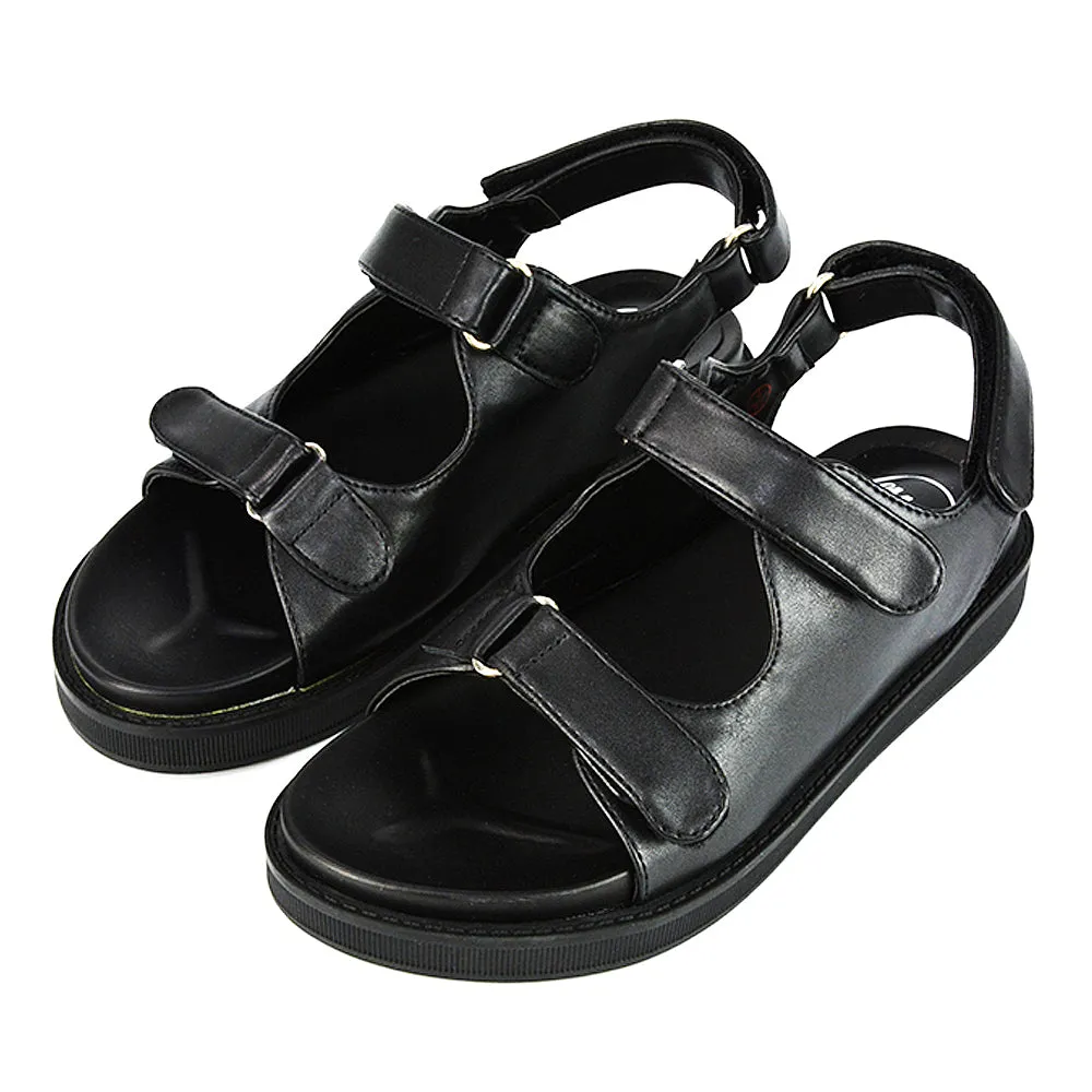 Asher Double Strap Flat Platform Heel Dad Sandals in Black Synthetic Leather