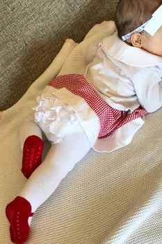 BABY GIRL TIGHTS with red shoe-design. With ruffles and anti-slip soles. 0-6 months