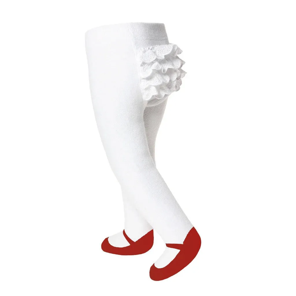 BABY GIRL TIGHTS with red shoe-design. With ruffles and anti-slip soles. 0-6 months