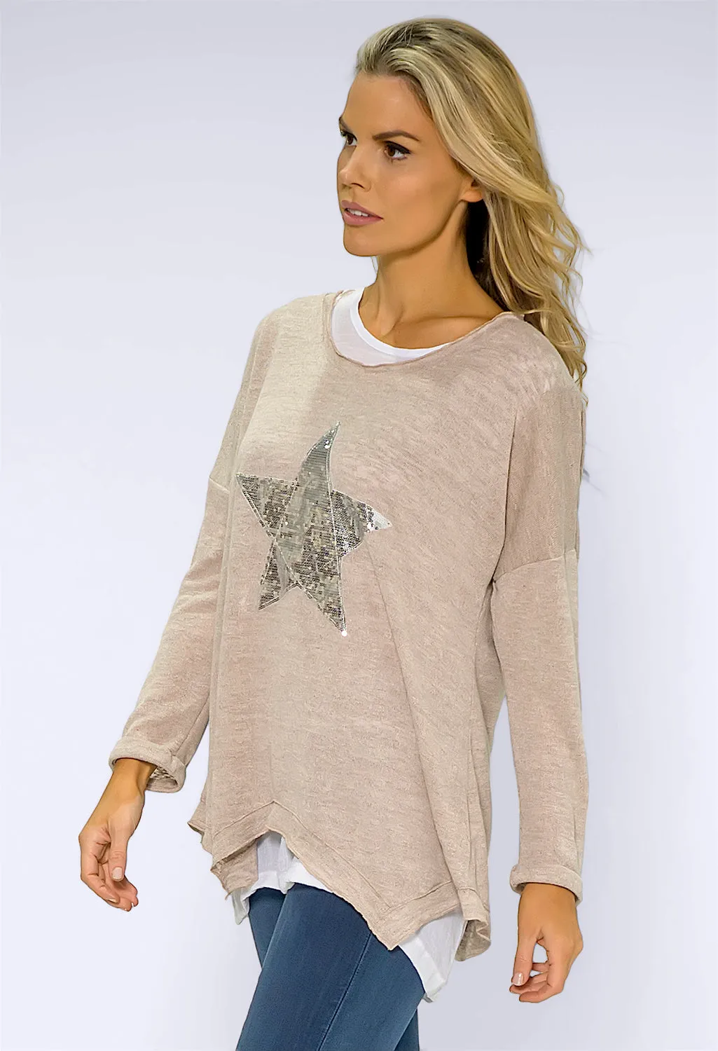 Beige Star Detail Double Layer Top