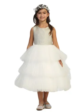 Big Girls Ivory-Gold Metallic Glitter Layered Tulle Junior Bridesmaid 8-12