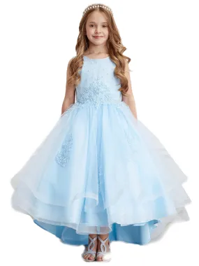 Big Girls Sky Blue Pearl Rhinestone Lace Tail Skirt Junior Bridesmaid Dress 8-16