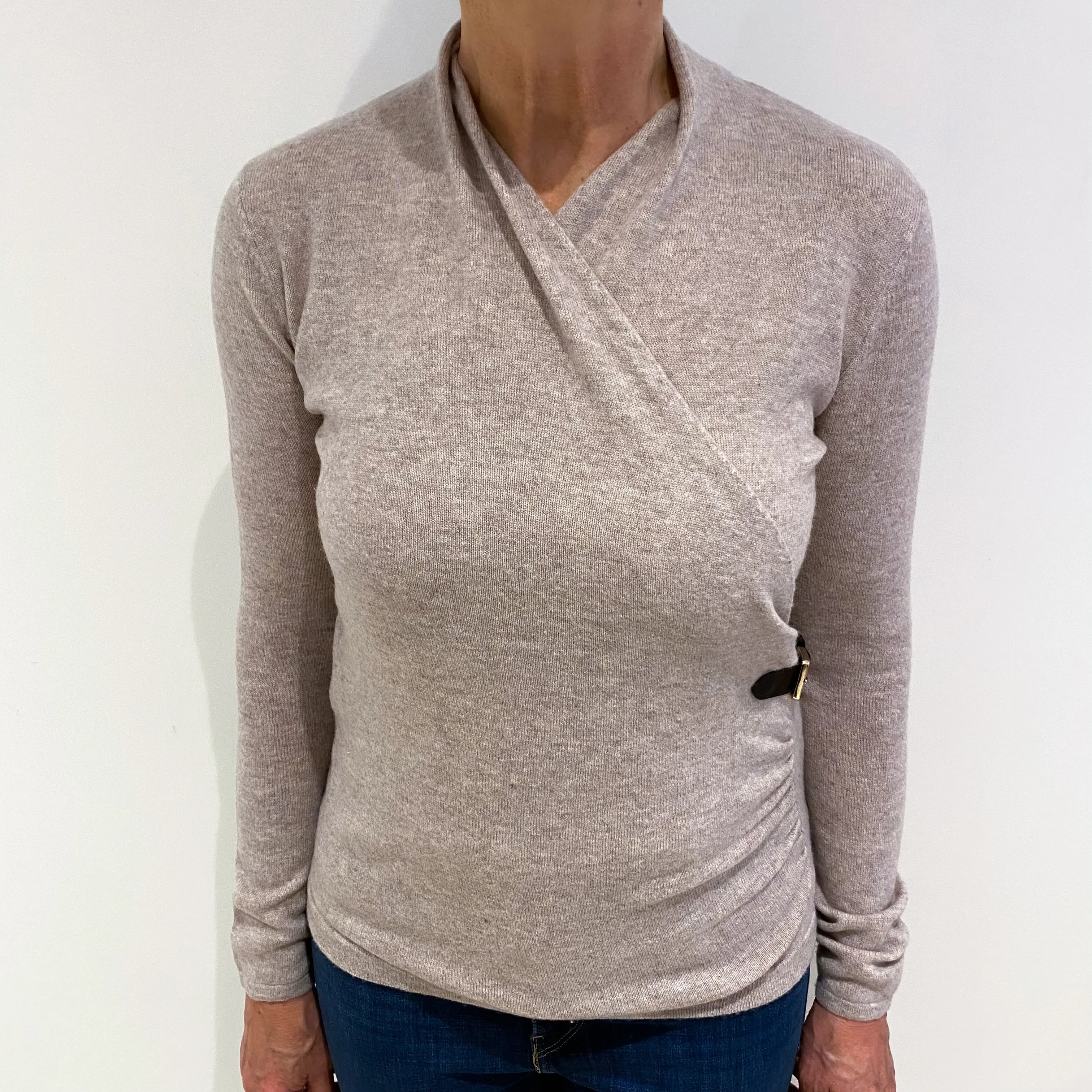 Biscuit Beige Cashmere V Neck Jumper with Faux Crossover Medium