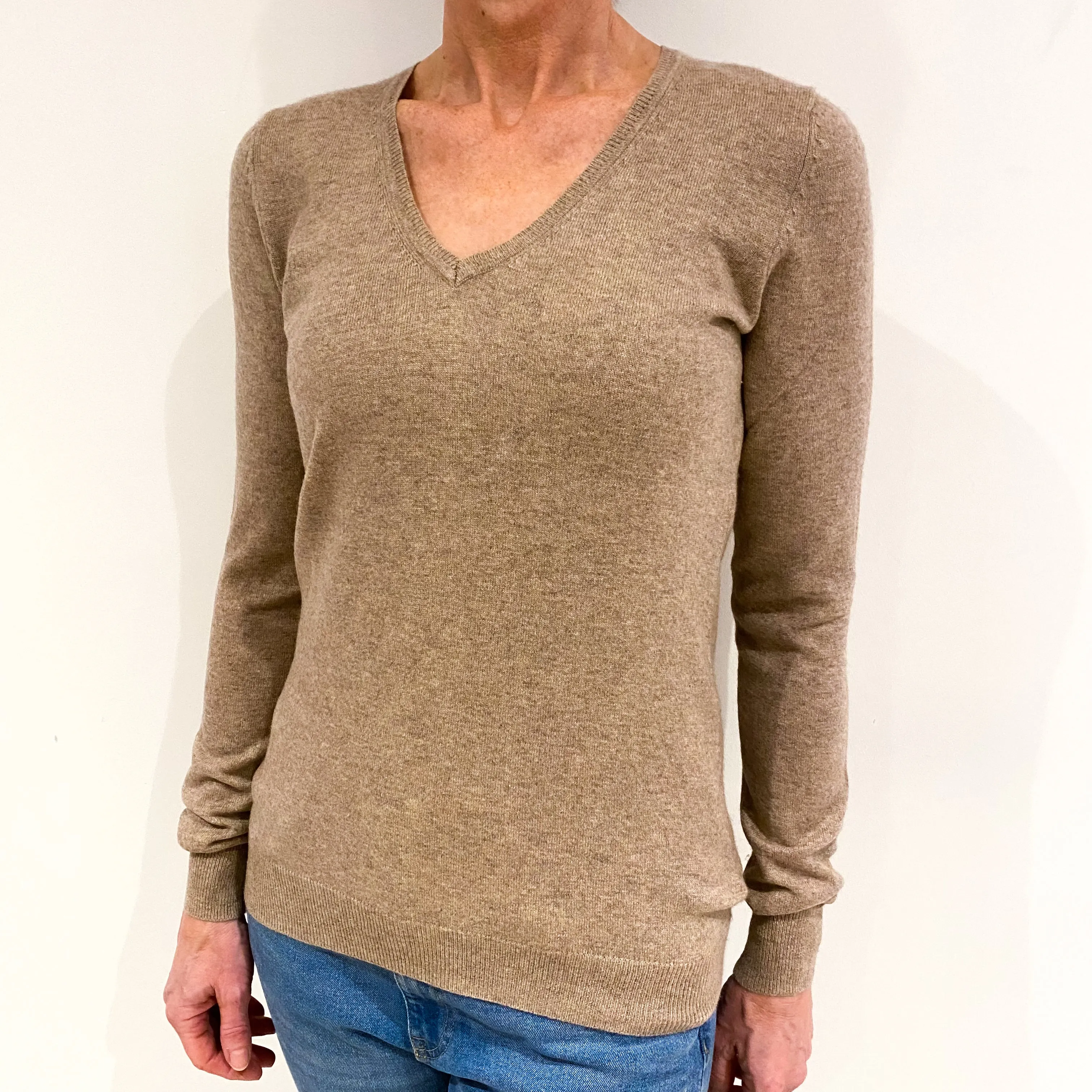 Biscuit Brown Cashmere V Neck Jumper Small