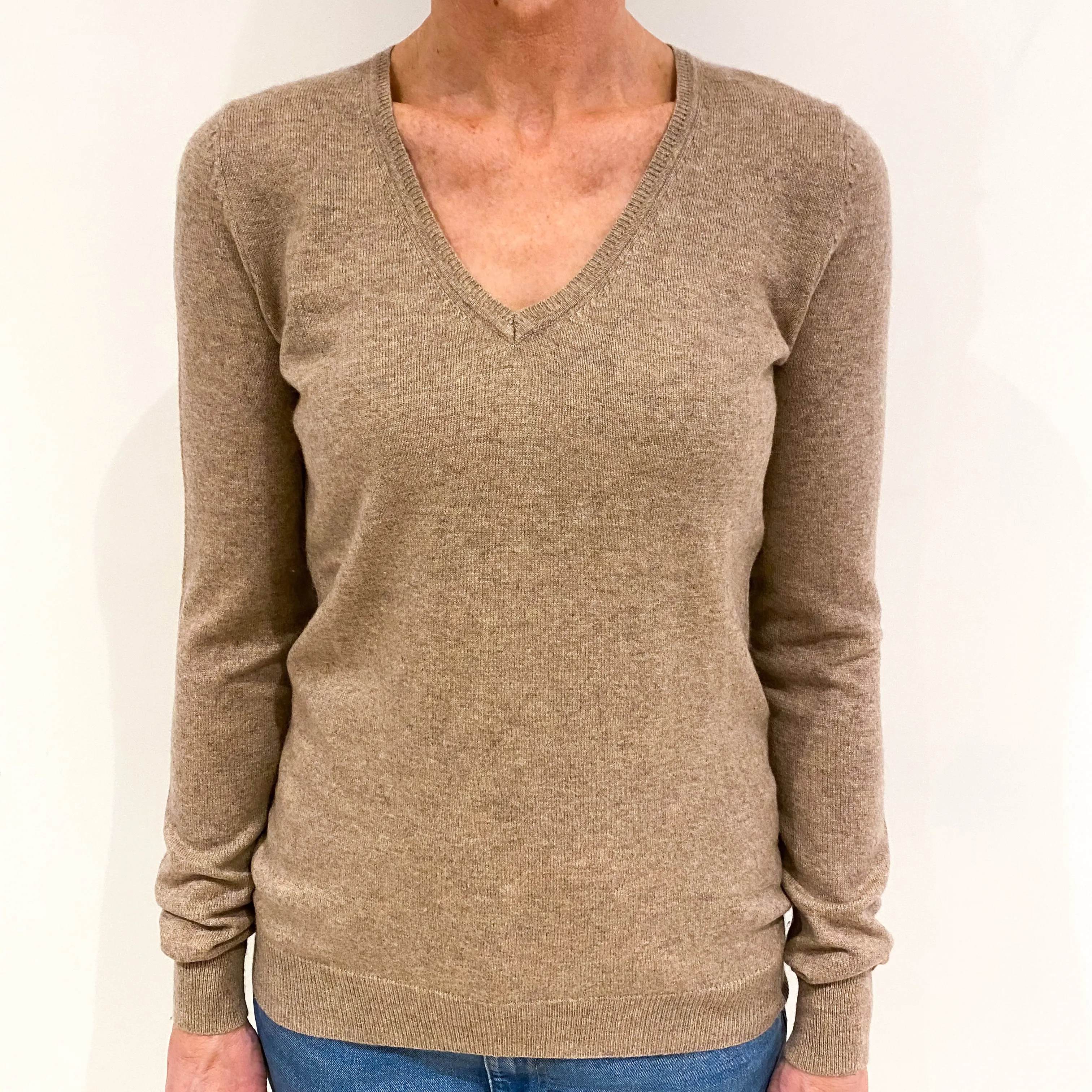 Biscuit Brown Cashmere V Neck Jumper Small