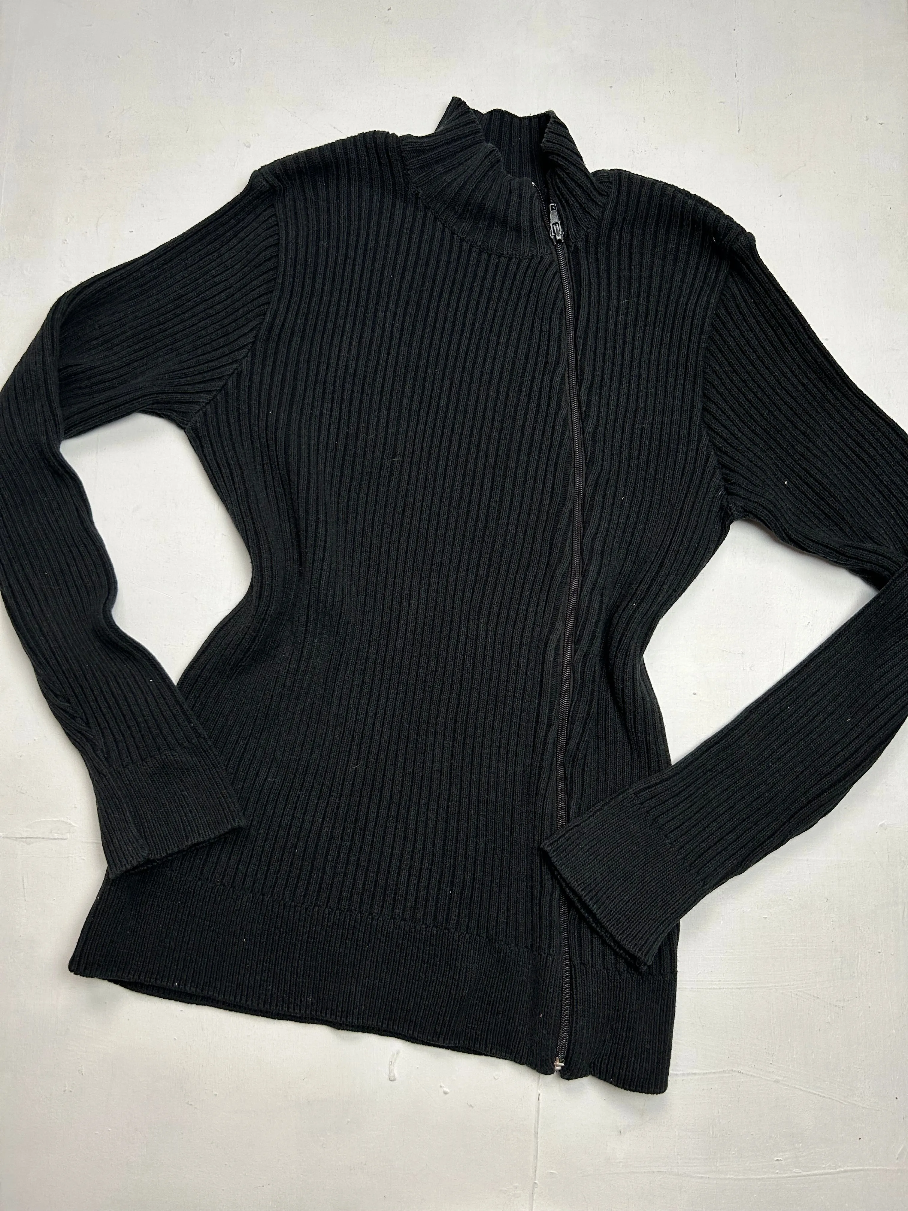 Black asymmetric zip up stretchy ribbed jumper (S/M)