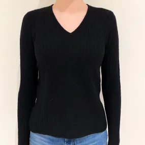 Black Cable Cashmere V Neck Jumper Extra Small