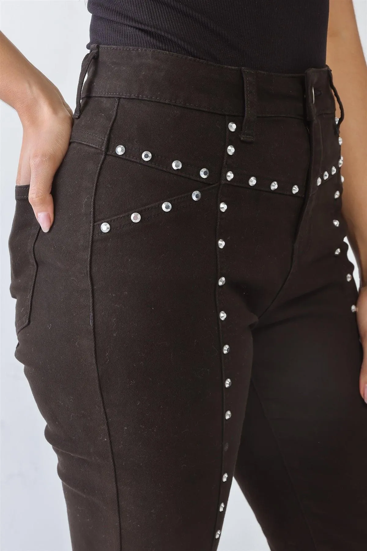 Black Cotton Skinny Rivet Two Pocket High Waist Pants