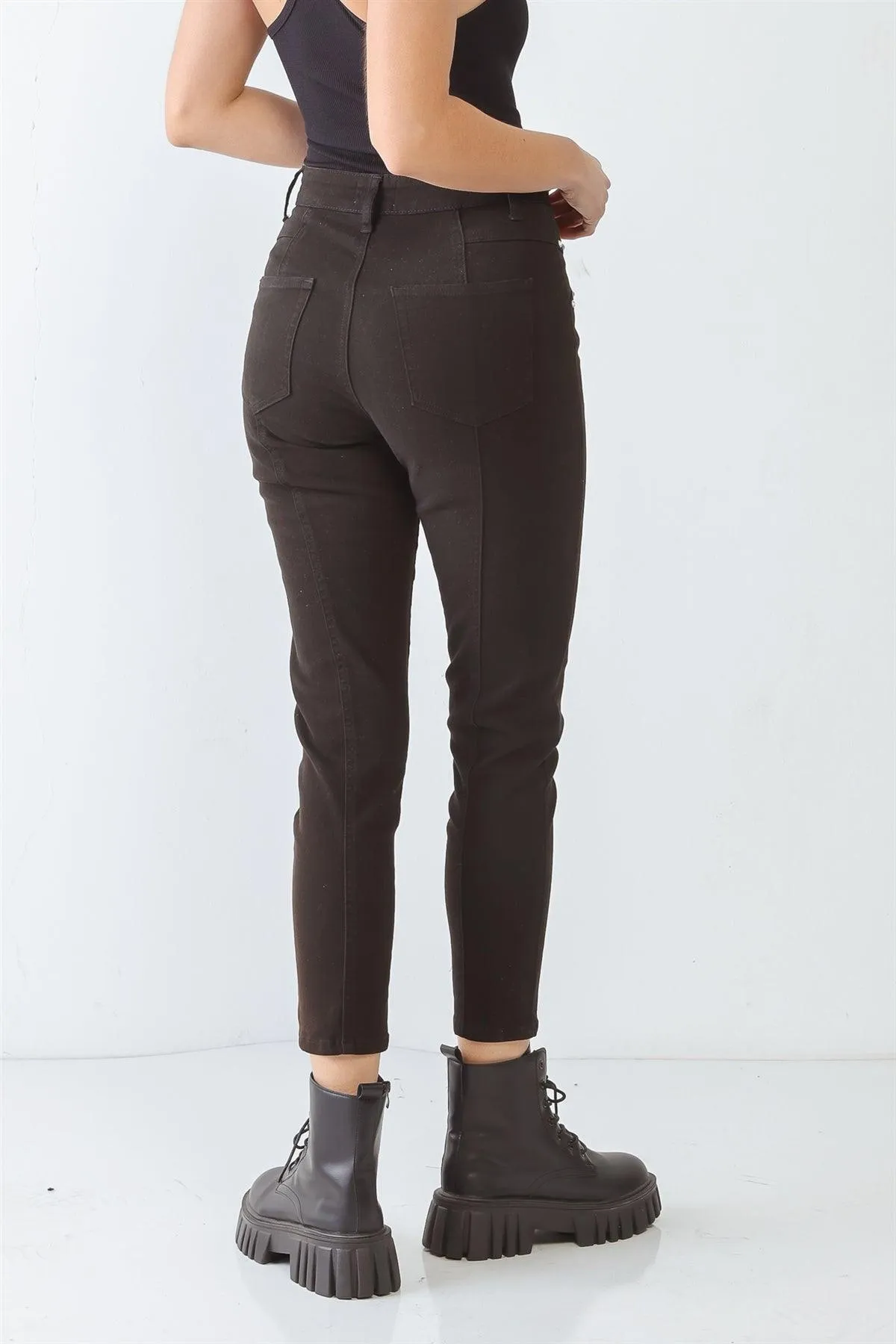 Black Cotton Skinny Rivet Two Pocket High Waist Pants