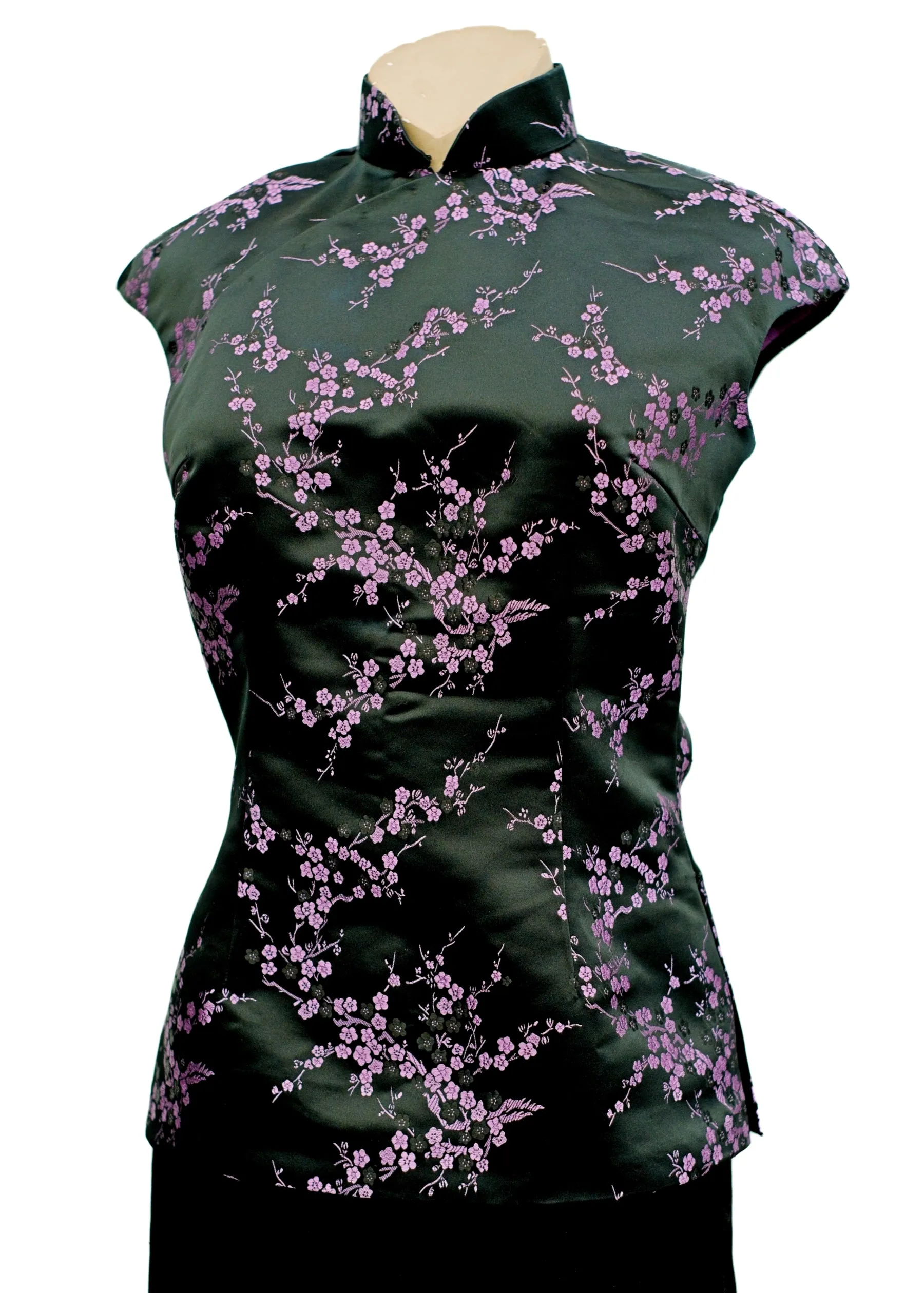 Black Lilac Satin Brocade Cheongsam Style Sleeveless Blouse • Jesireé