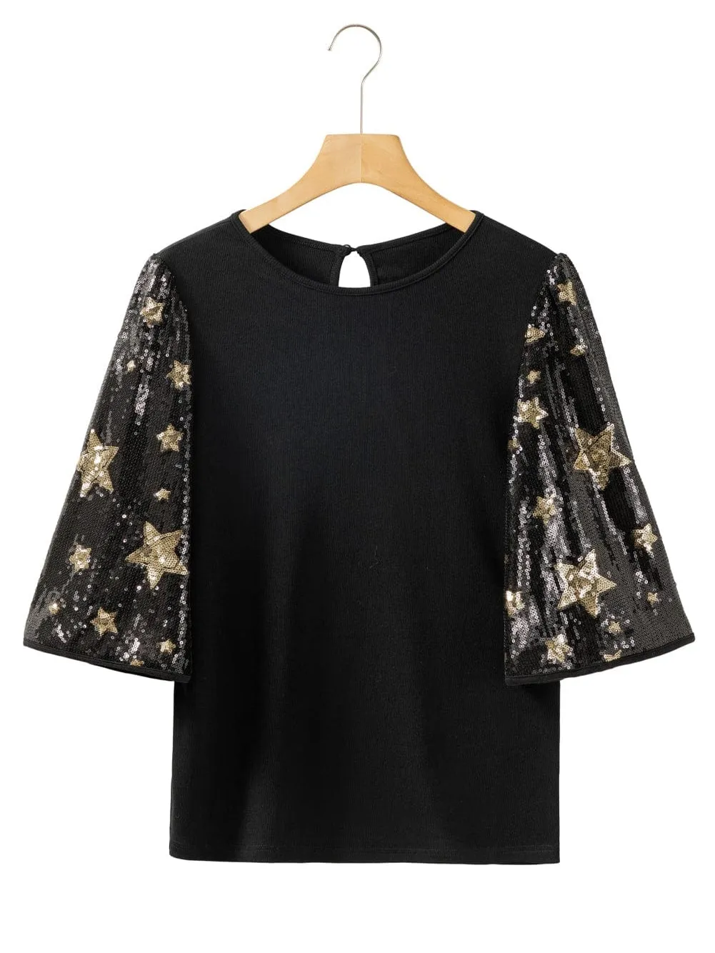 Black Sequin Star Detail Knit Top