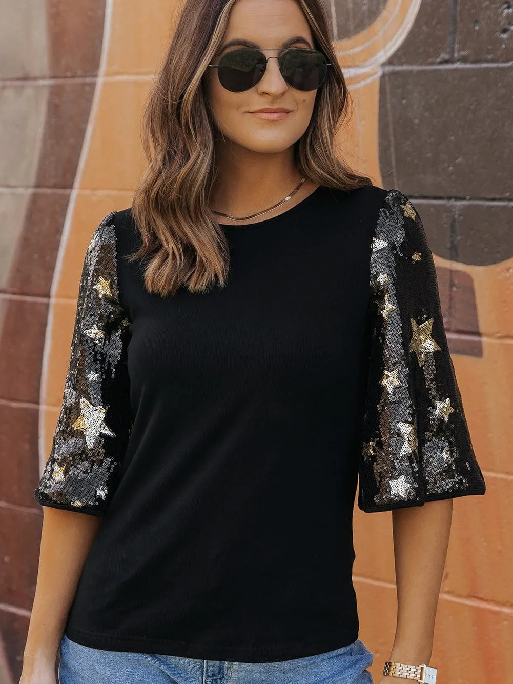 Black Sequin Star Detail Knit Top