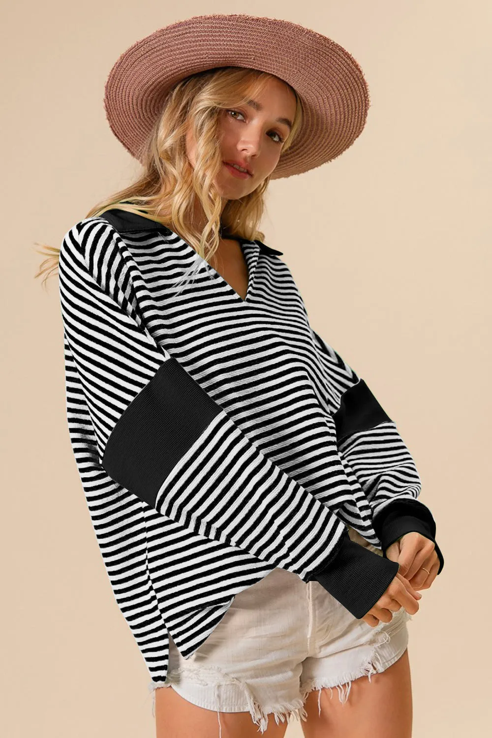 Black Striped Contrast Long Sleeve Knit Top