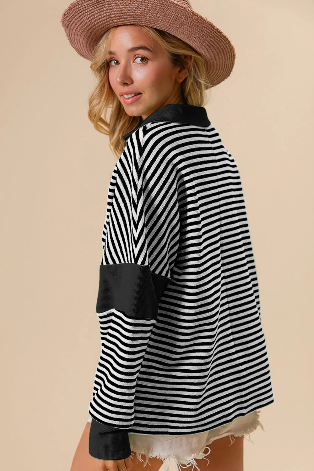 Black Striped Contrast Long Sleeve Knit Top