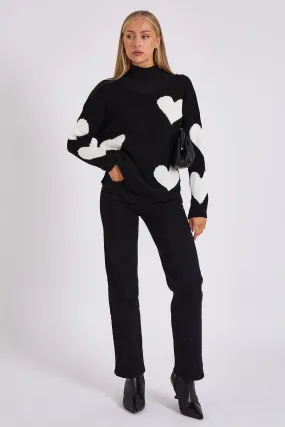 Black V Neck Oversized Heart Knit Jumper