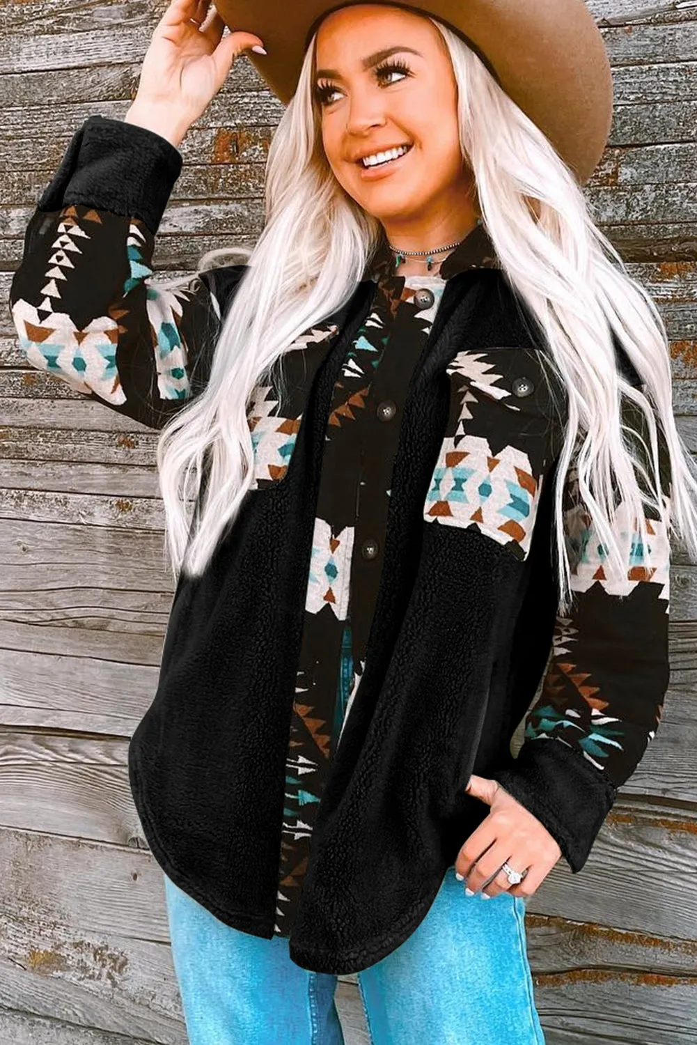 Black Western Aztec Print Accent Fleece Shacket