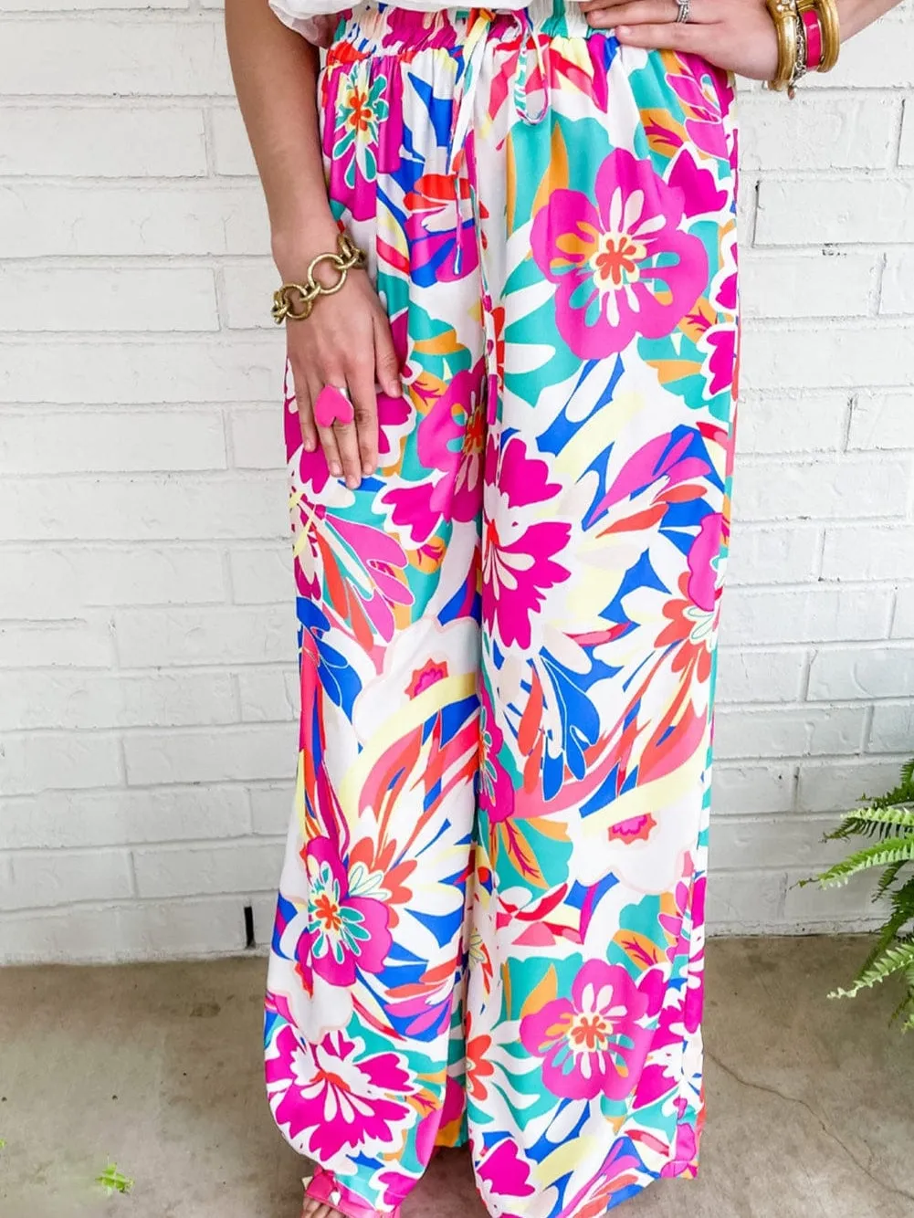 Bohemian Rose Red Floral Print Wide Leg Trousers