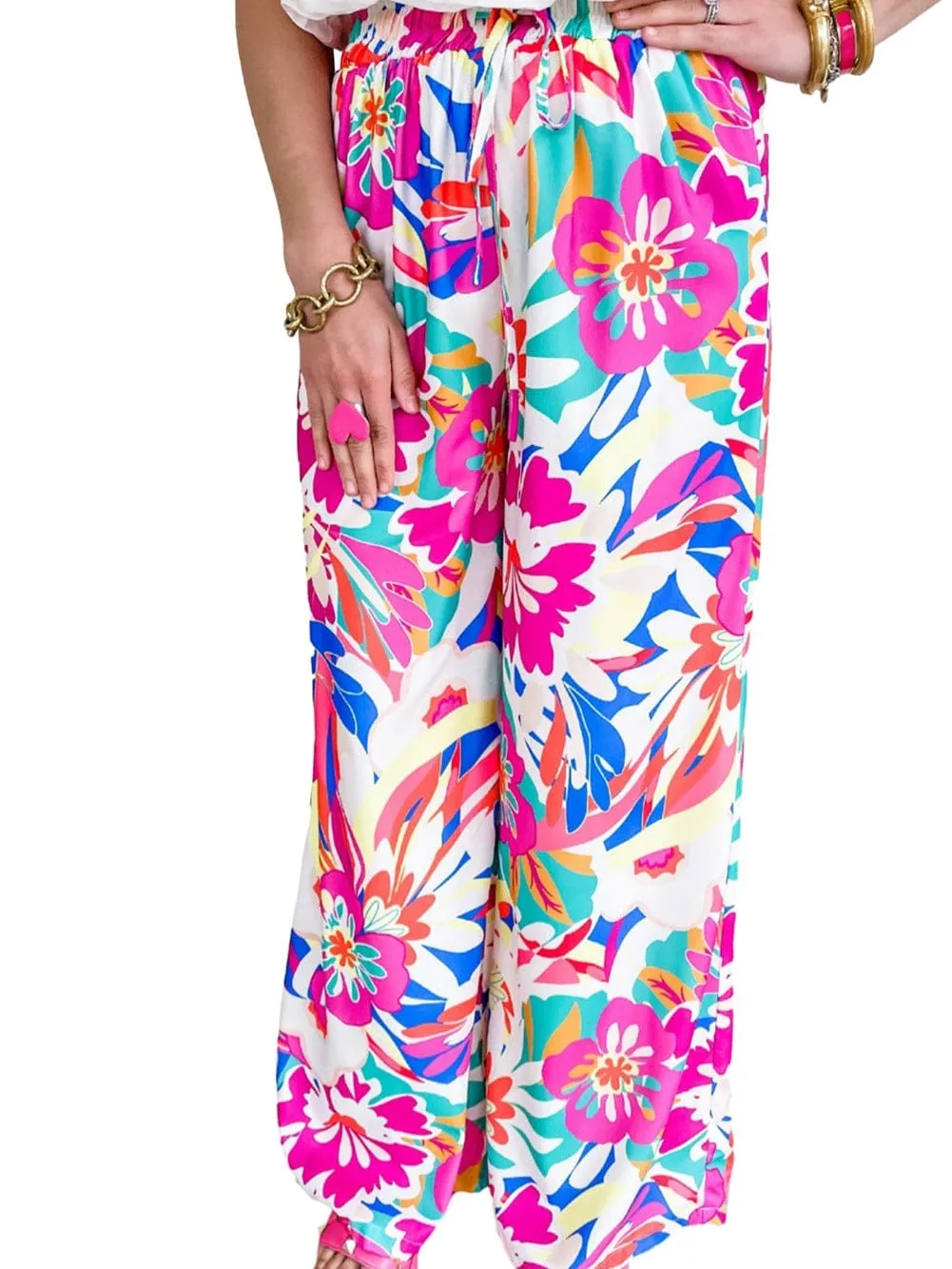 Bohemian Rose Red Floral Print Wide Leg Trousers