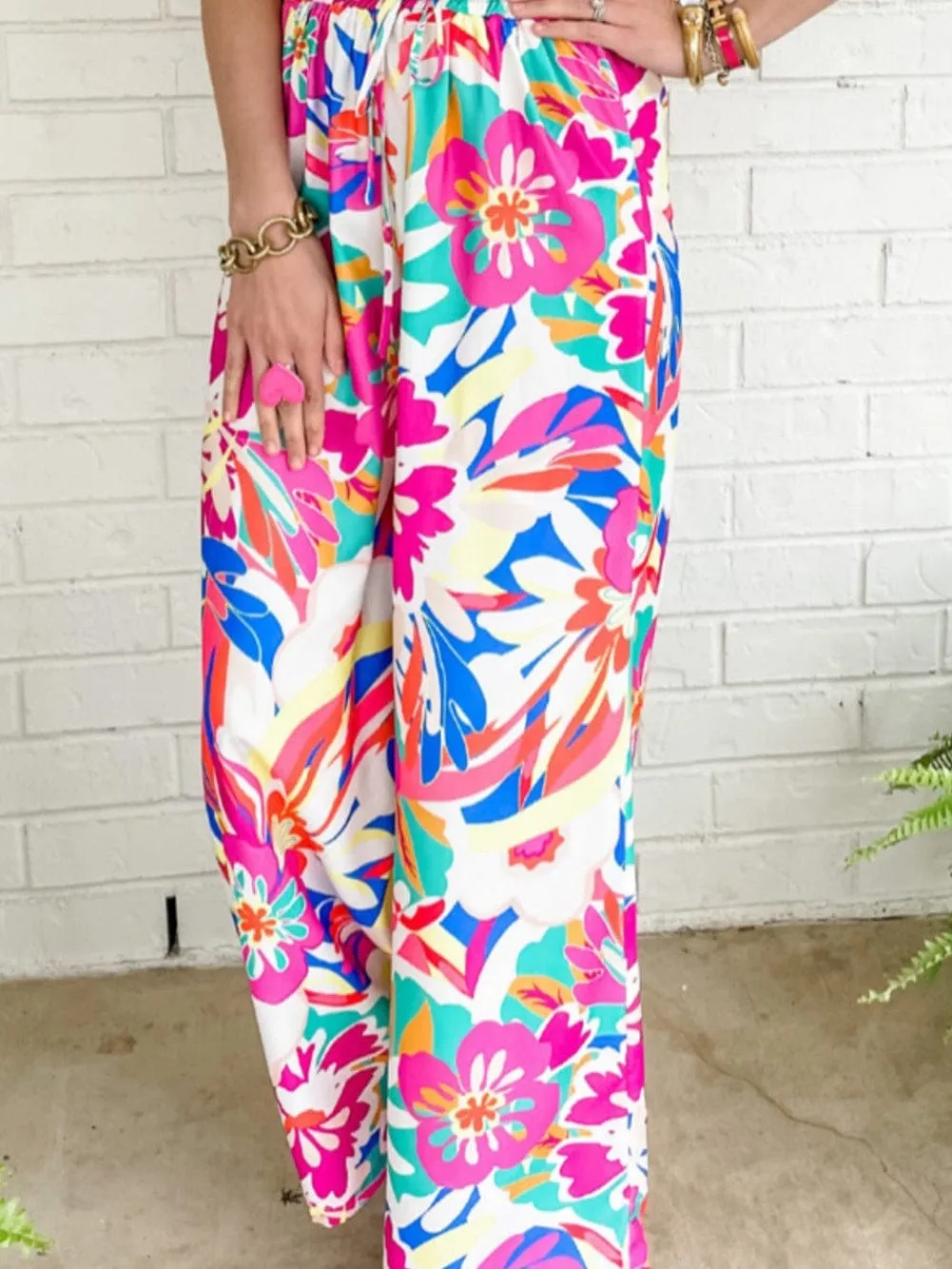 Bohemian Rose Red Floral Print Wide Leg Trousers