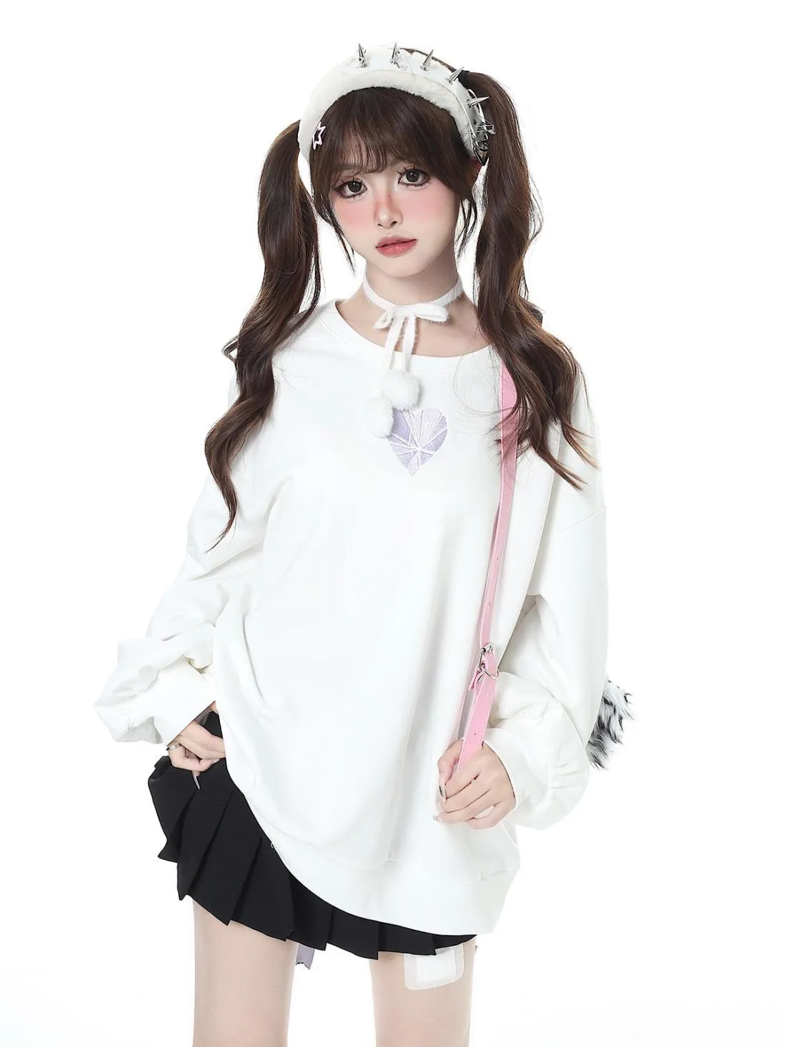 Bow Tie Heart Embroidery Loose Sweet Cool Hot Girl Casual All-Match Top Long-Sleeved Sweater