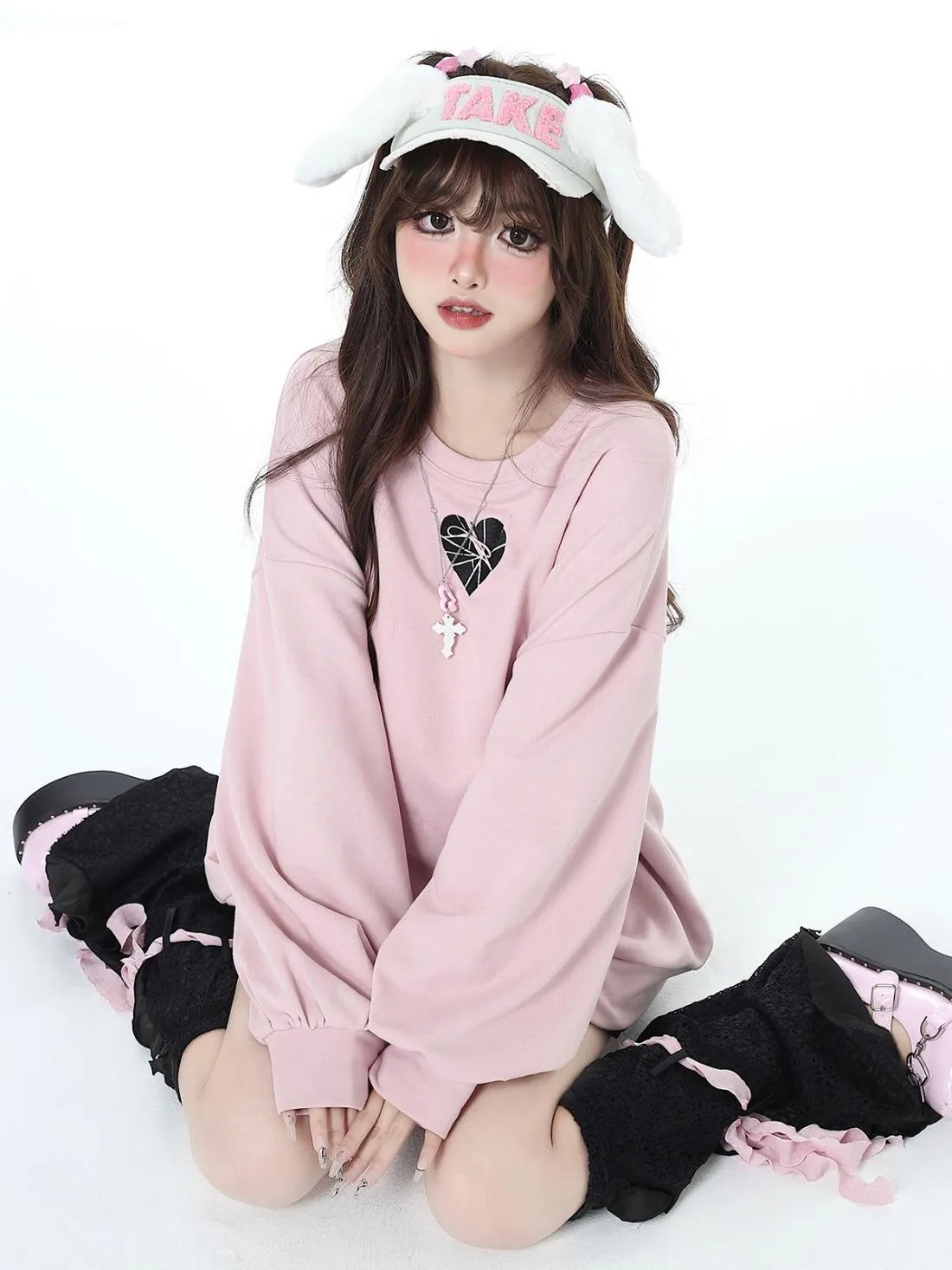 Bow Tie Heart Embroidery Loose Sweet Cool Hot Girl Casual All-Match Top Long-Sleeved Sweater